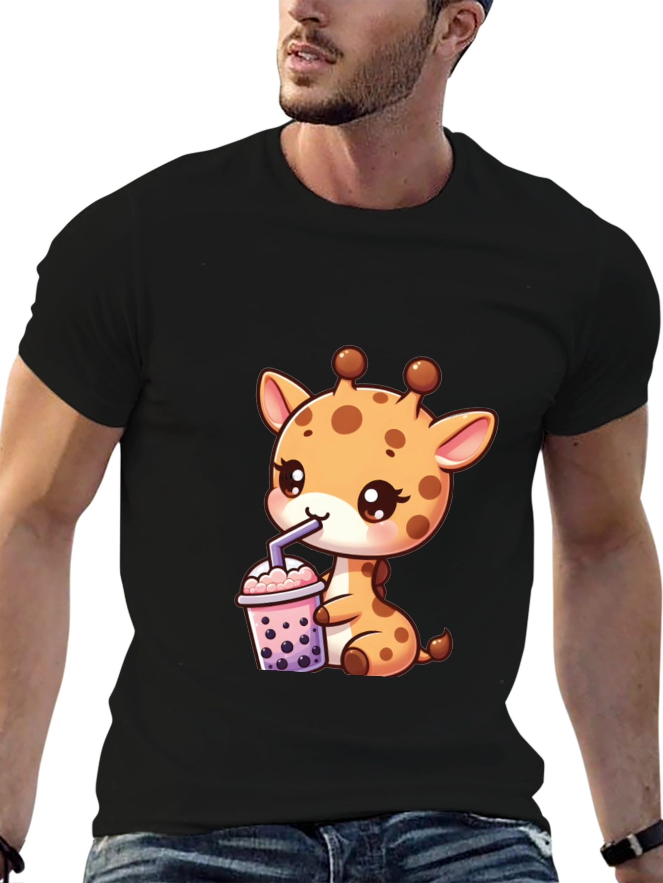Cute Giraffe Boba Tea Graphic Tee - Black