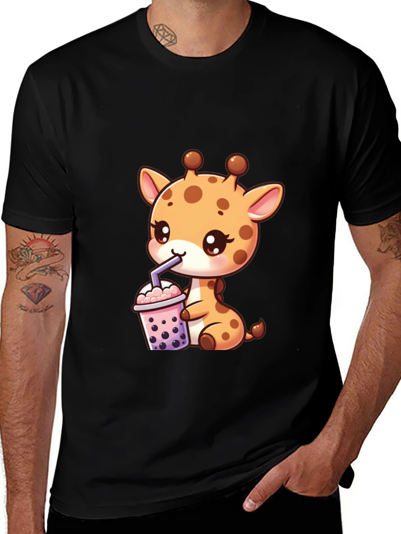 Cute Giraffe Boba Tea Graphic Tee - Black