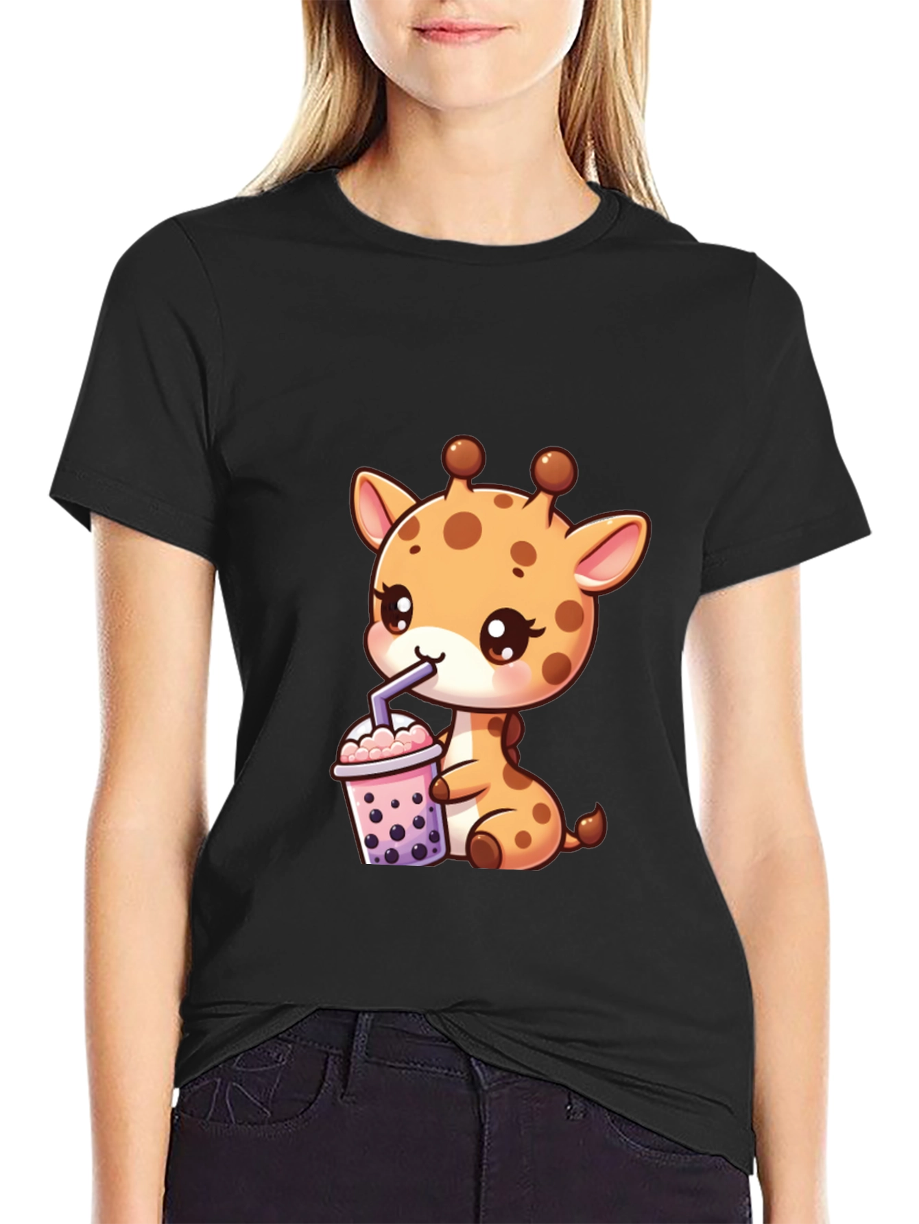 Cute Giraffe Boba Tea Graphic Tee - Black