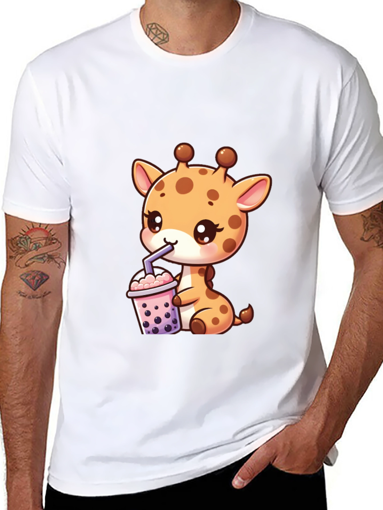 Cute Giraffe Boba Tea Graphic Tee - Black