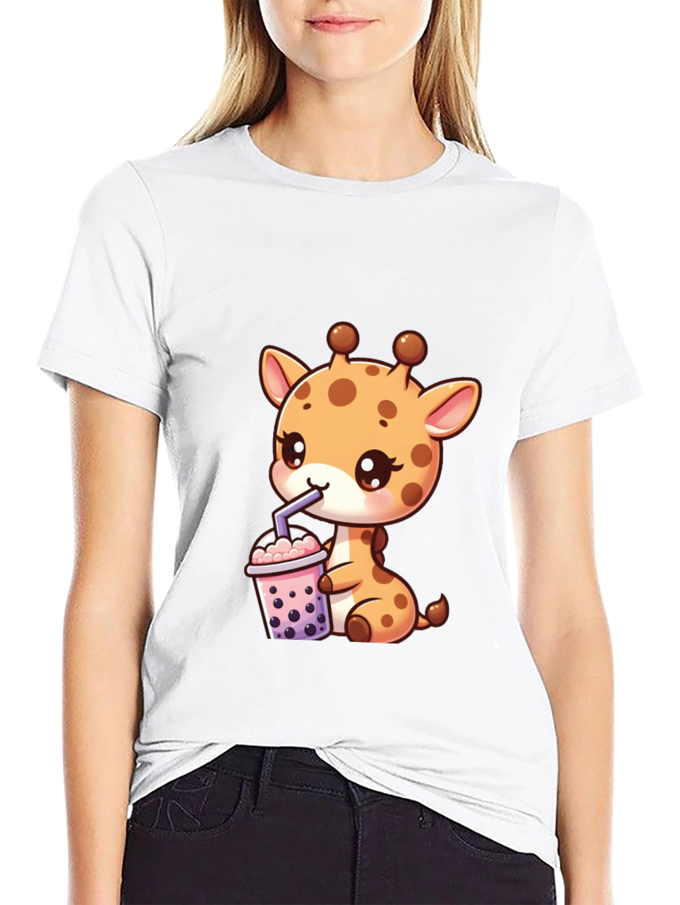 Cute Giraffe Boba Tea Graphic Tee - Black
