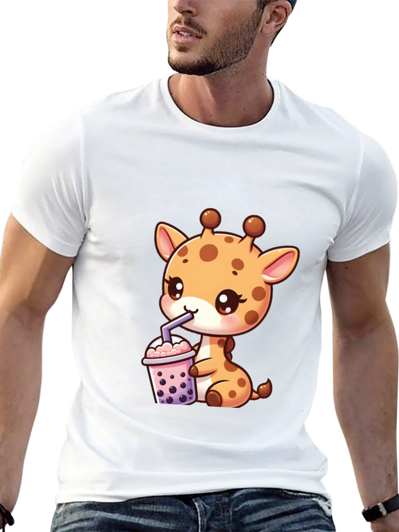 Cute Giraffe Boba Tea Graphic Tee - Black
