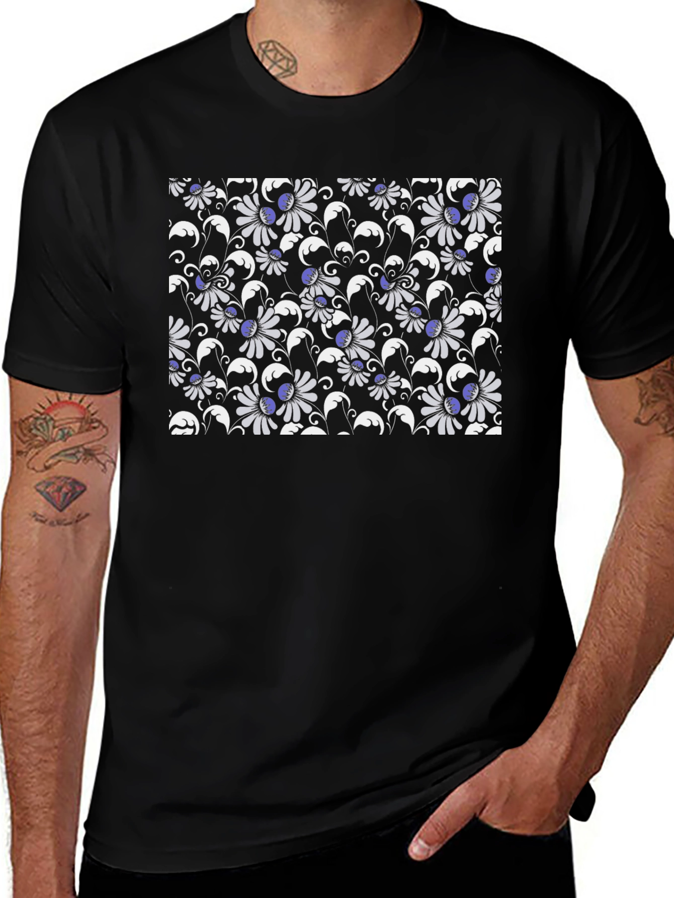 Floral Patterned Black T-Shirt