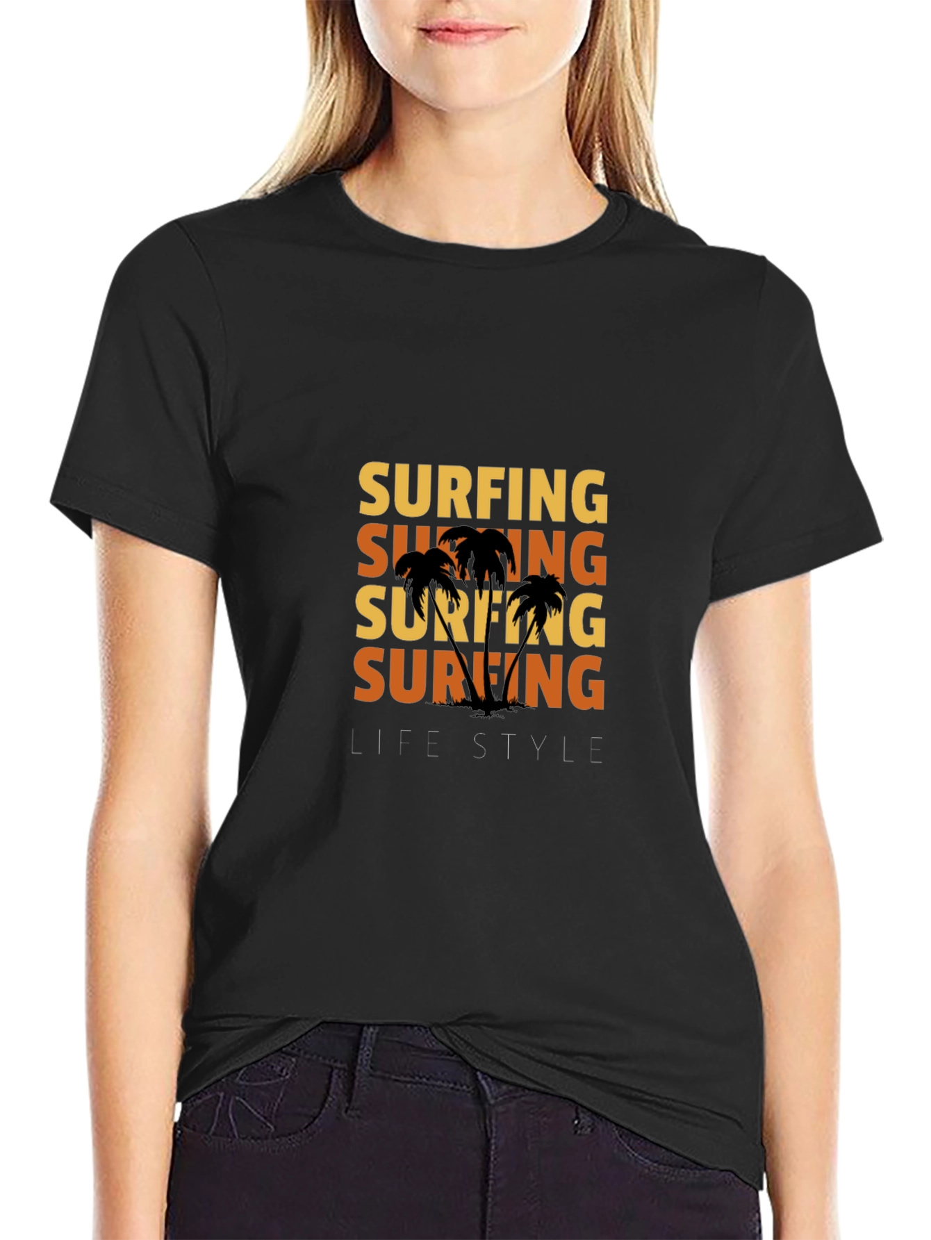 Surfing Lifestyle Graphic Print Black T-Shirt