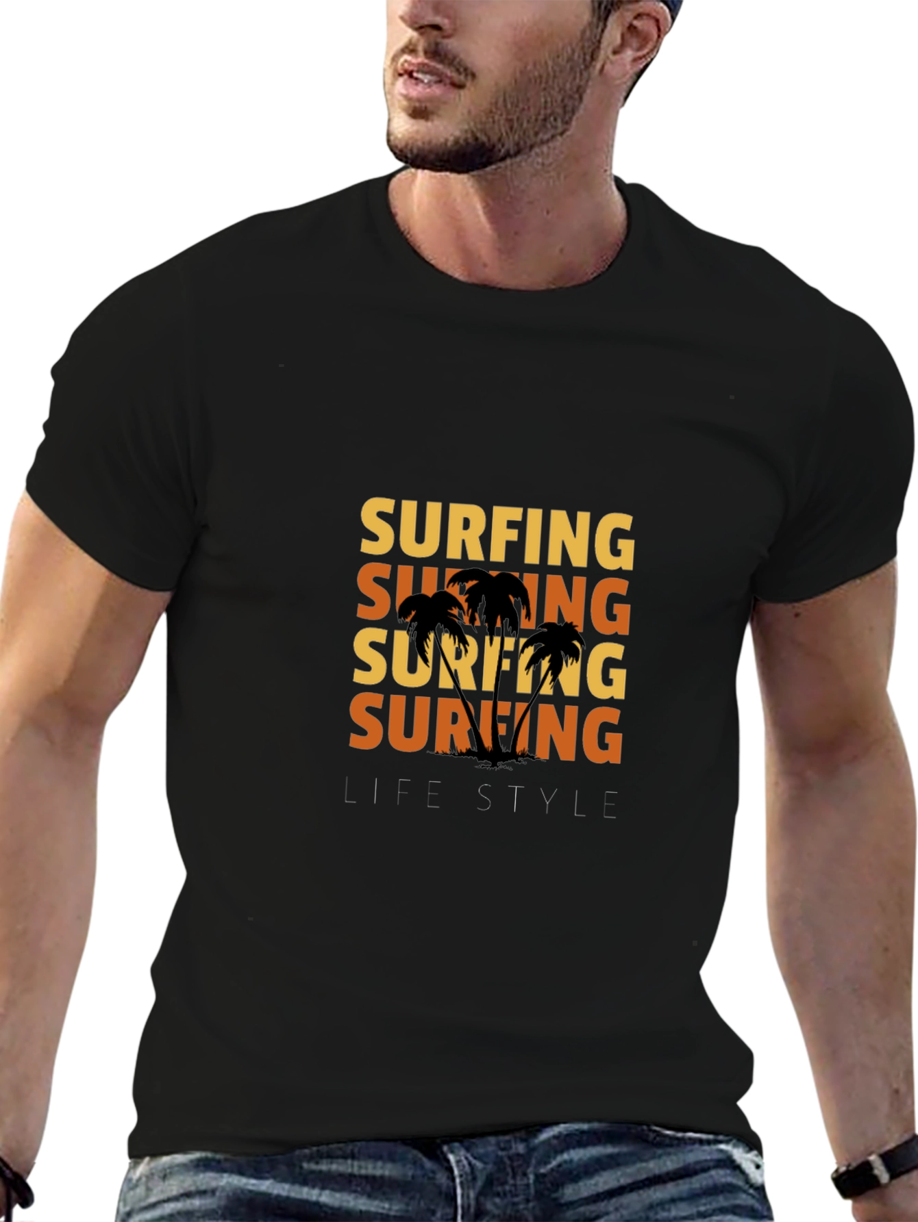Surfing Lifestyle Graphic Print Black T-Shirt