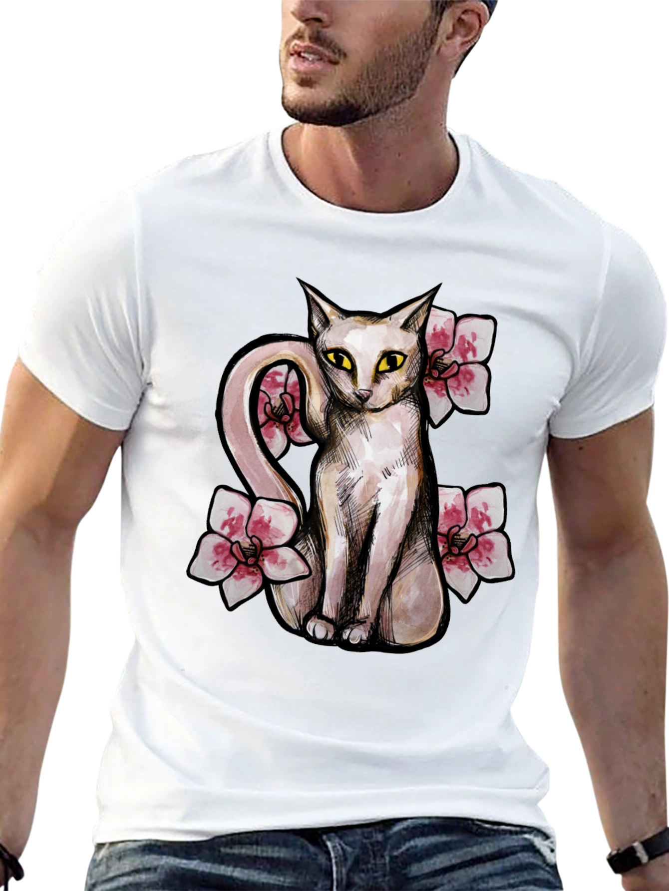 Cat & Flowers Graphic T-Shirt - Casual Black Tee