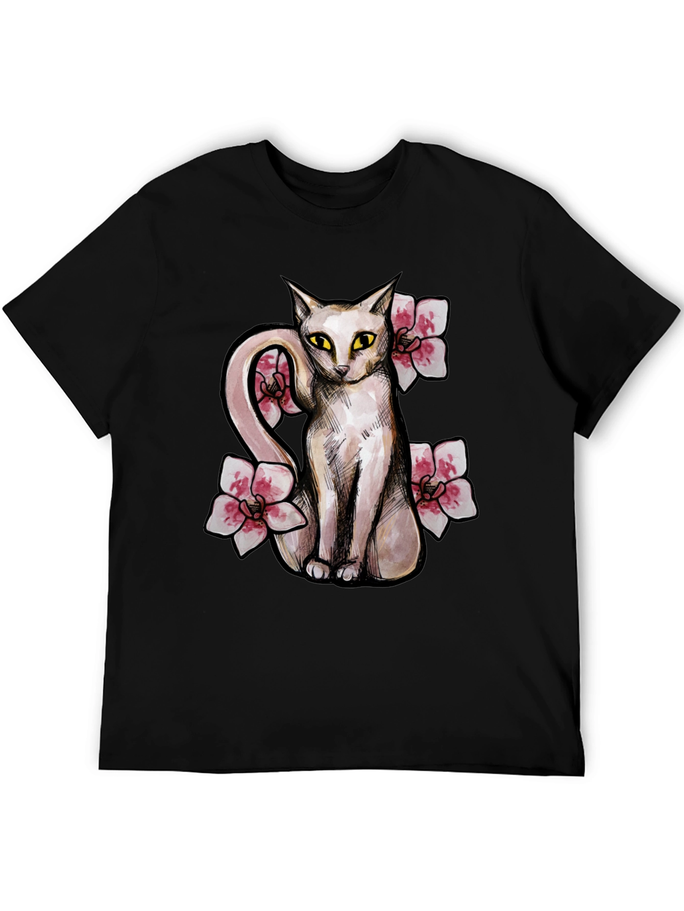 Cat & Flowers Graphic T-Shirt - Casual Black Tee