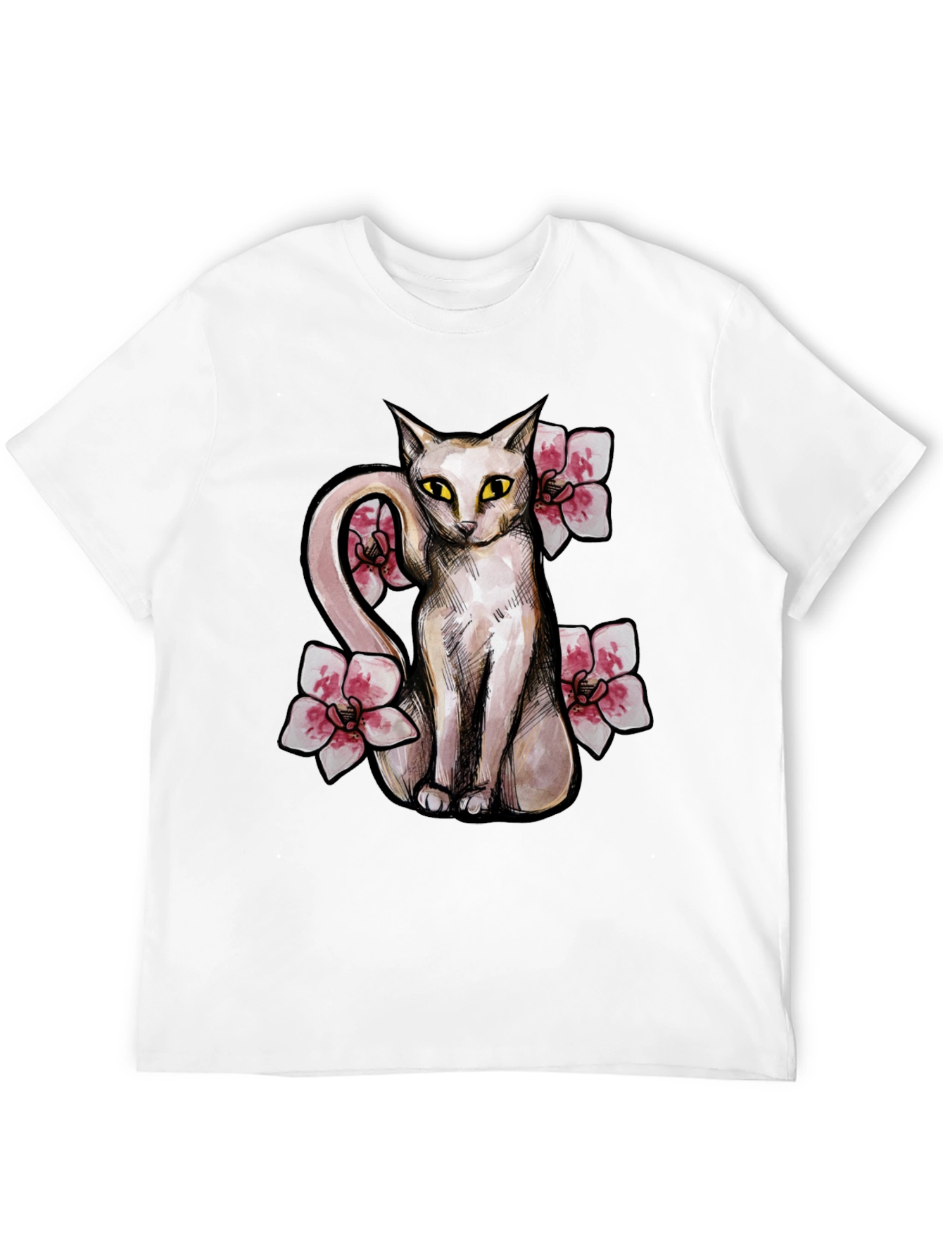 Cat & Flowers Graphic T-Shirt - Casual Black Tee