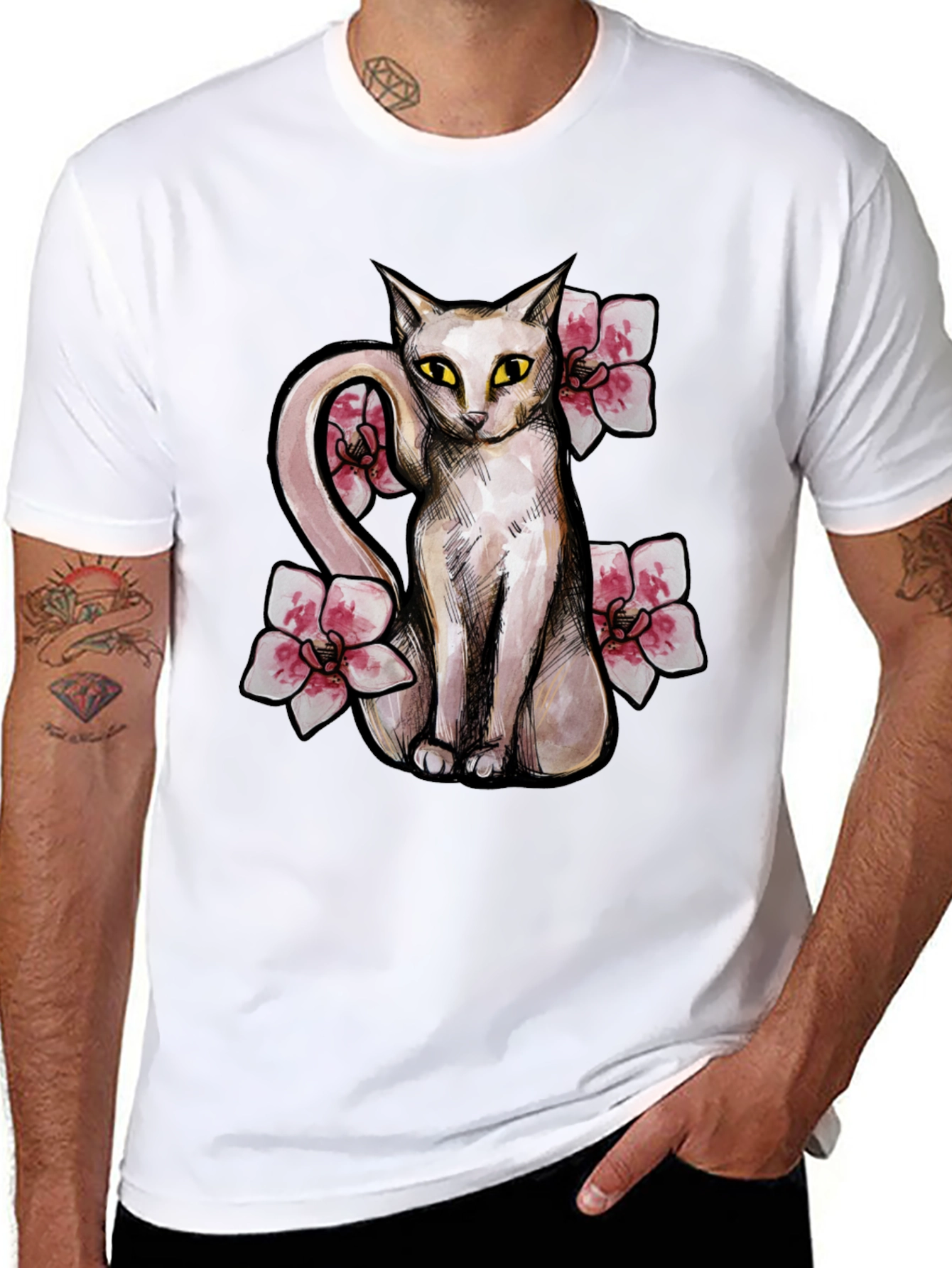 Cat & Flowers Graphic T-Shirt - Casual Black Tee