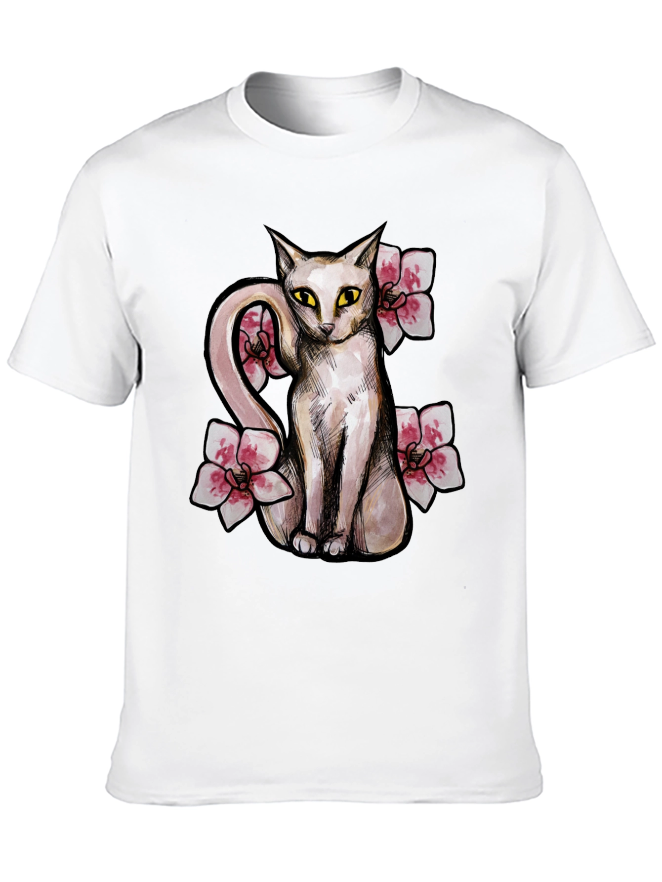 Cat & Flowers Graphic T-Shirt - Casual Black Tee