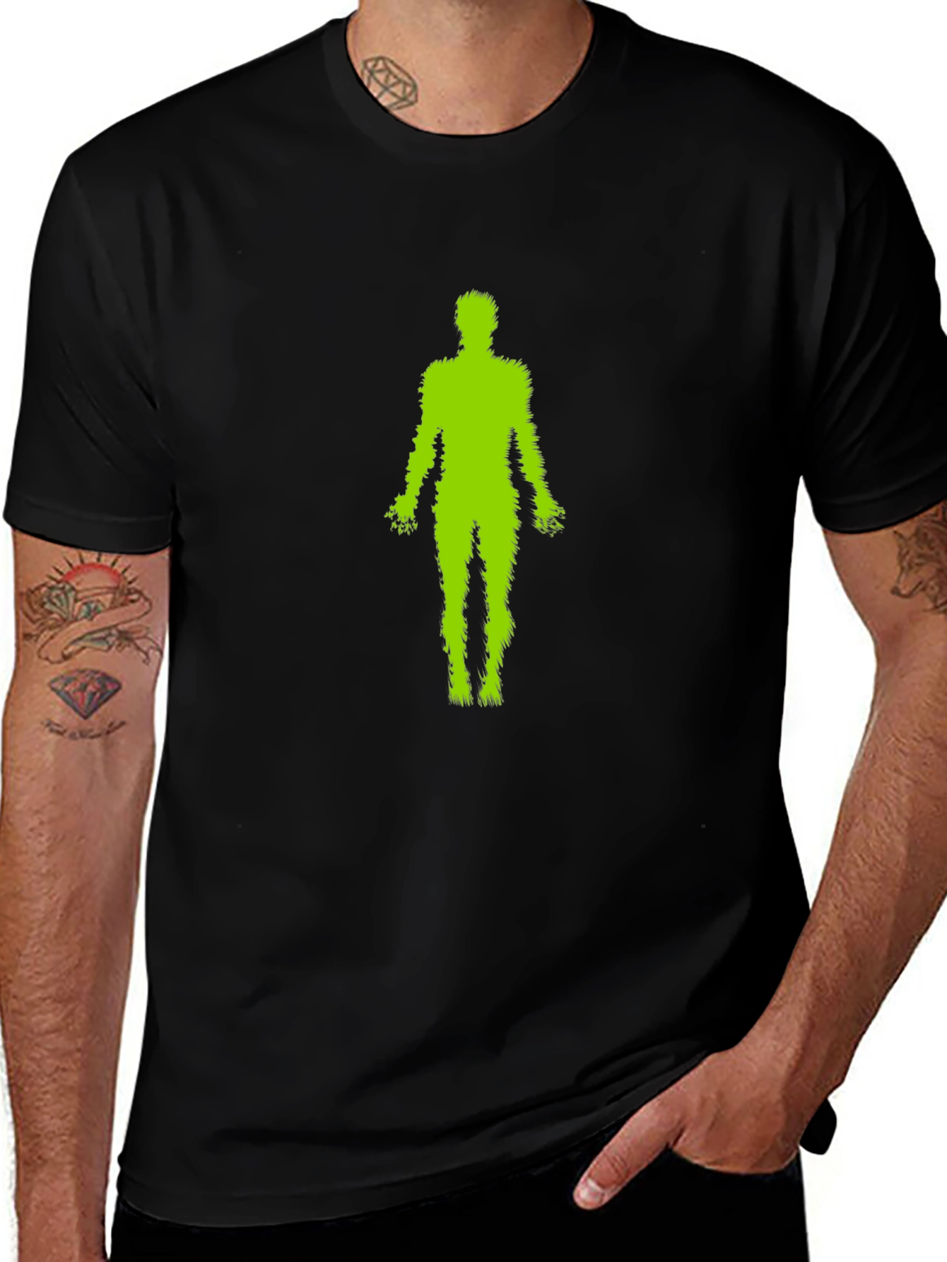 Green Fuzzy Human Black T-Shirt