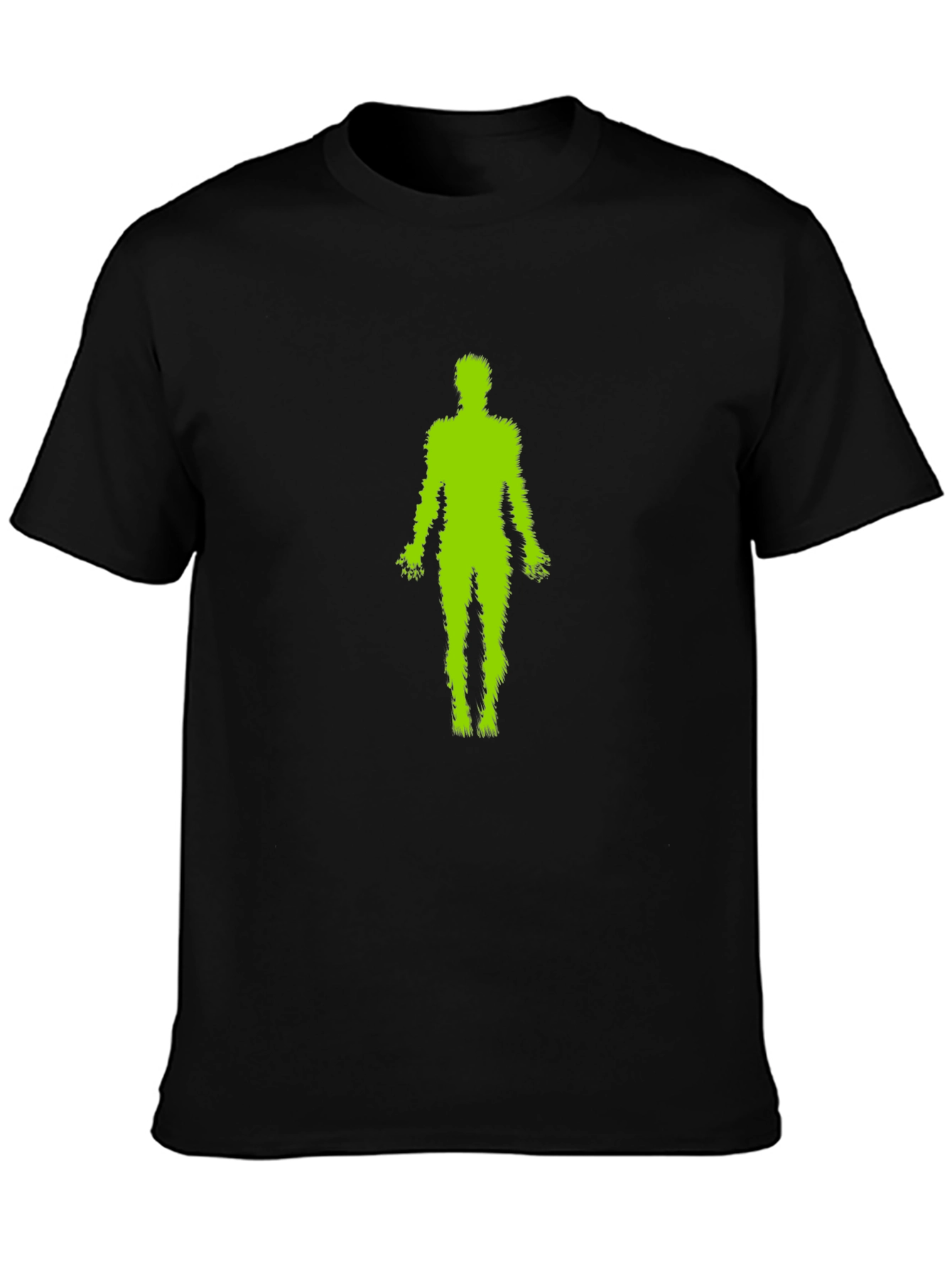 Green Fuzzy Human Black T-Shirt