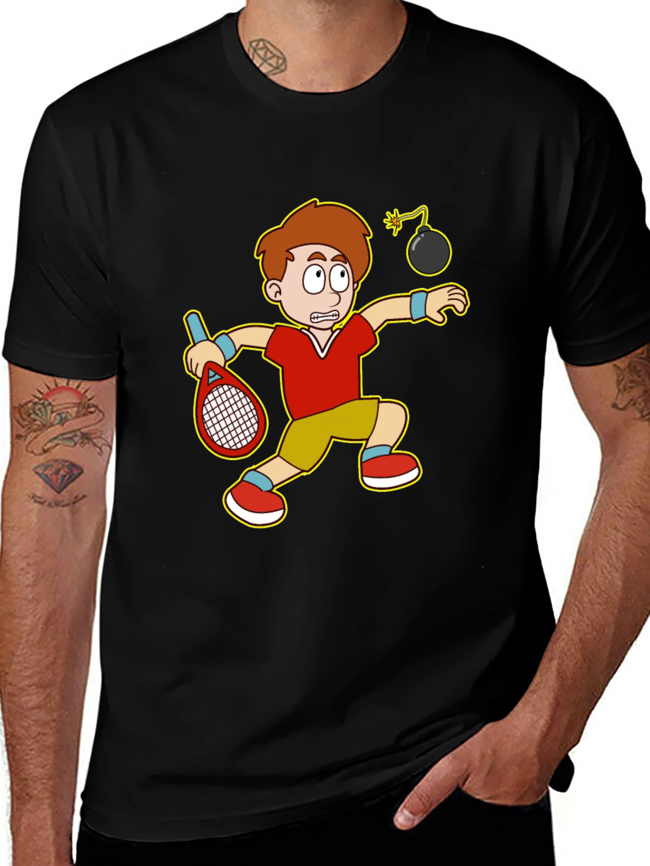 Funny Tennis Player Cartoon Graphic T-Shirt