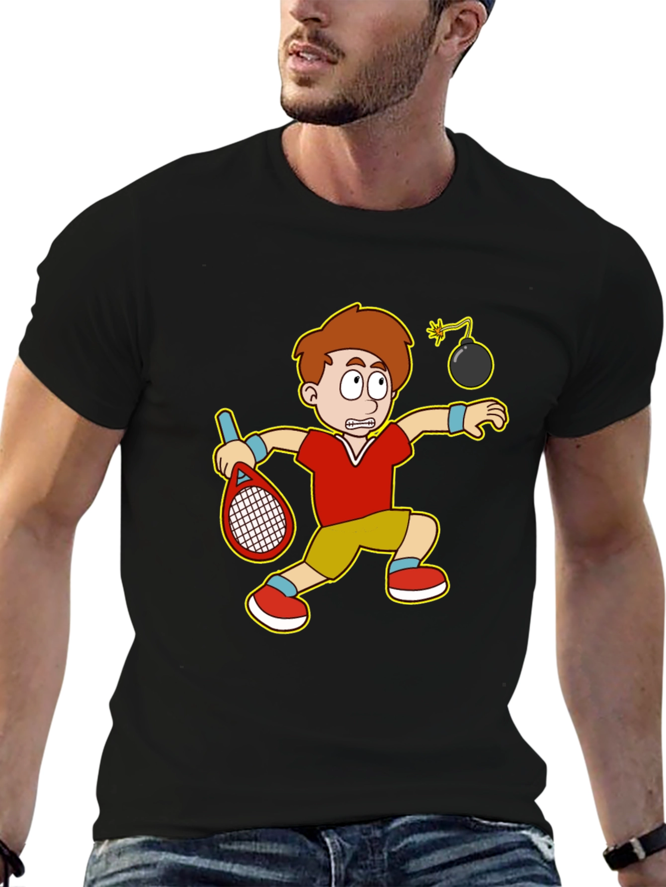 Funny Tennis Player Cartoon Graphic T-Shirt