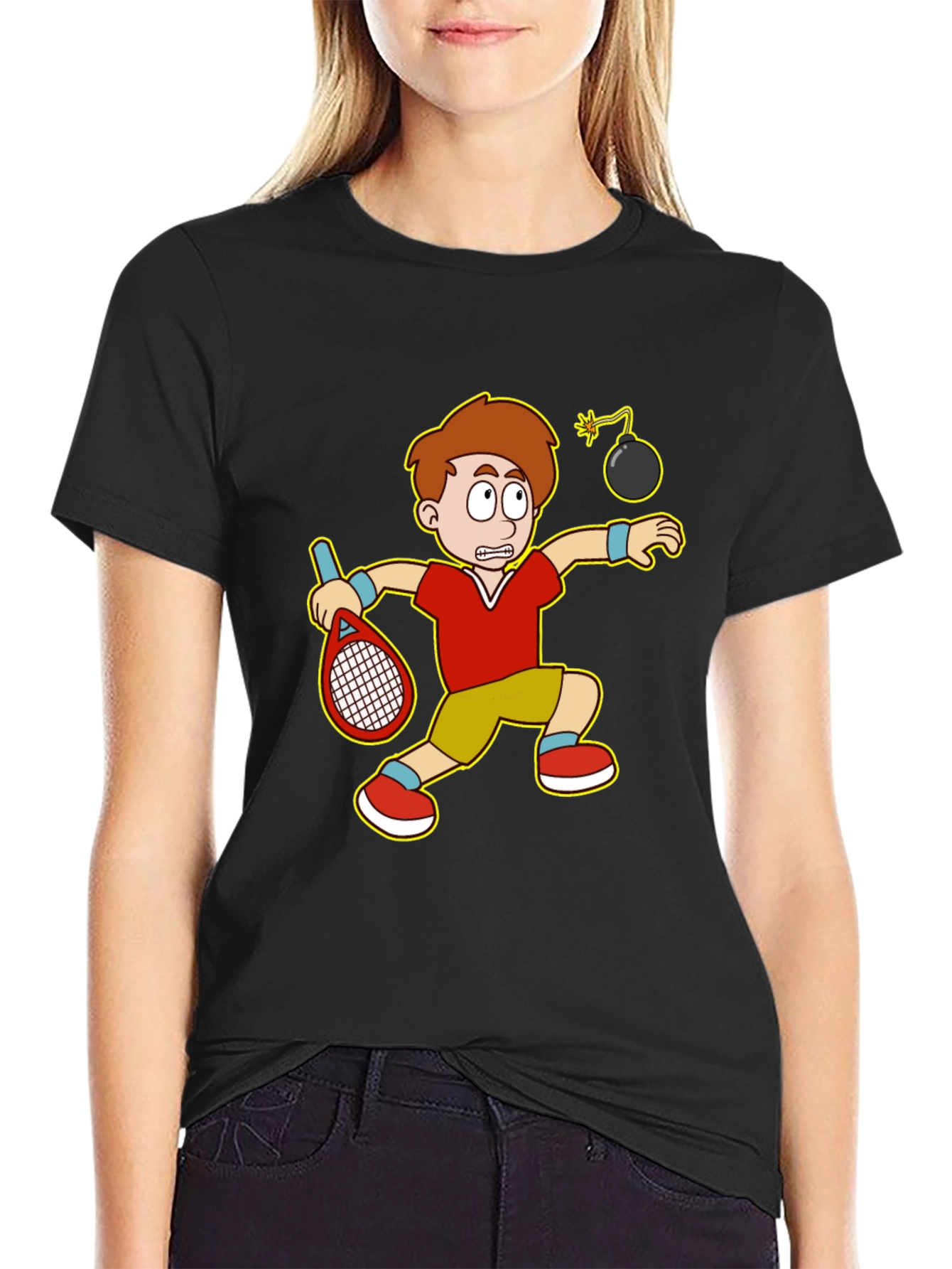 Funny Tennis Player Cartoon Graphic T-Shirt
