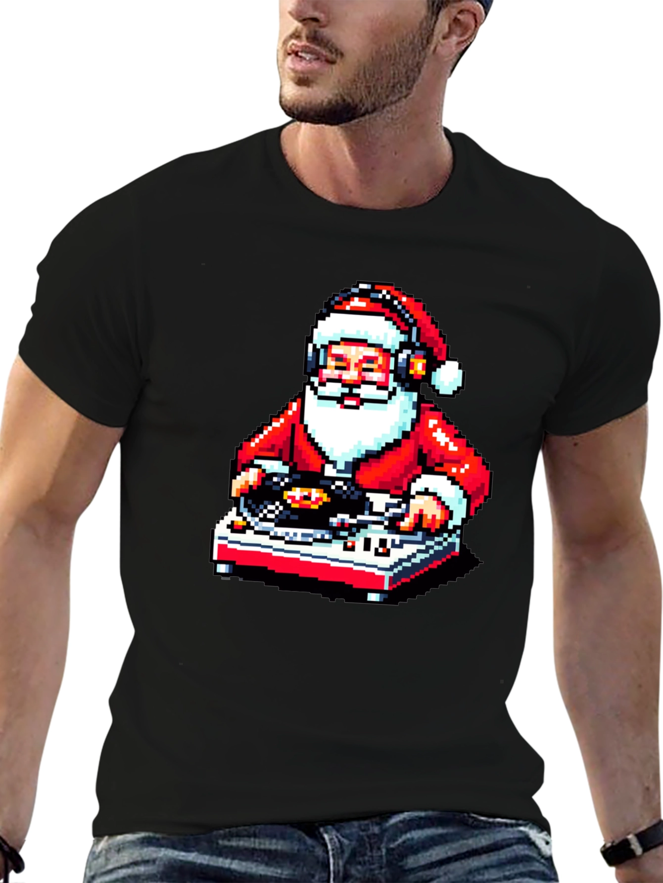 DJ Santa Pixel Art Black T-Shirt