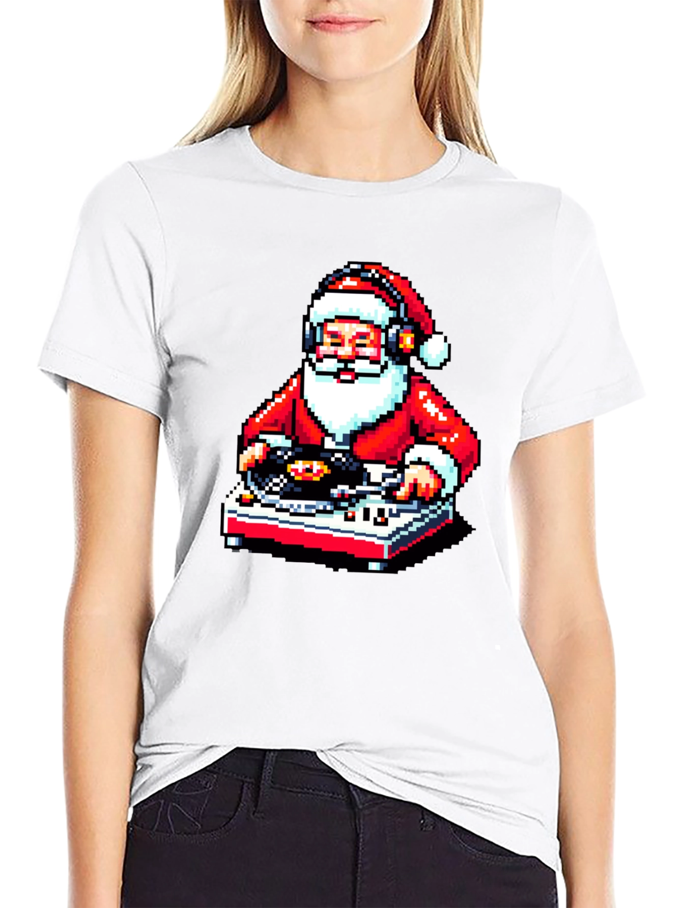DJ Santa Pixel Art Black T-Shirt