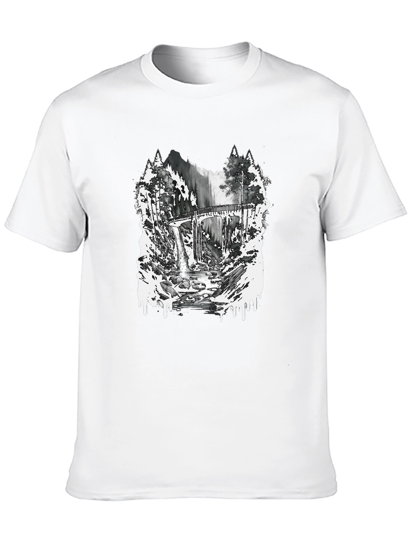 Nature Scene Graphic Tee - Bridge and Waterfall