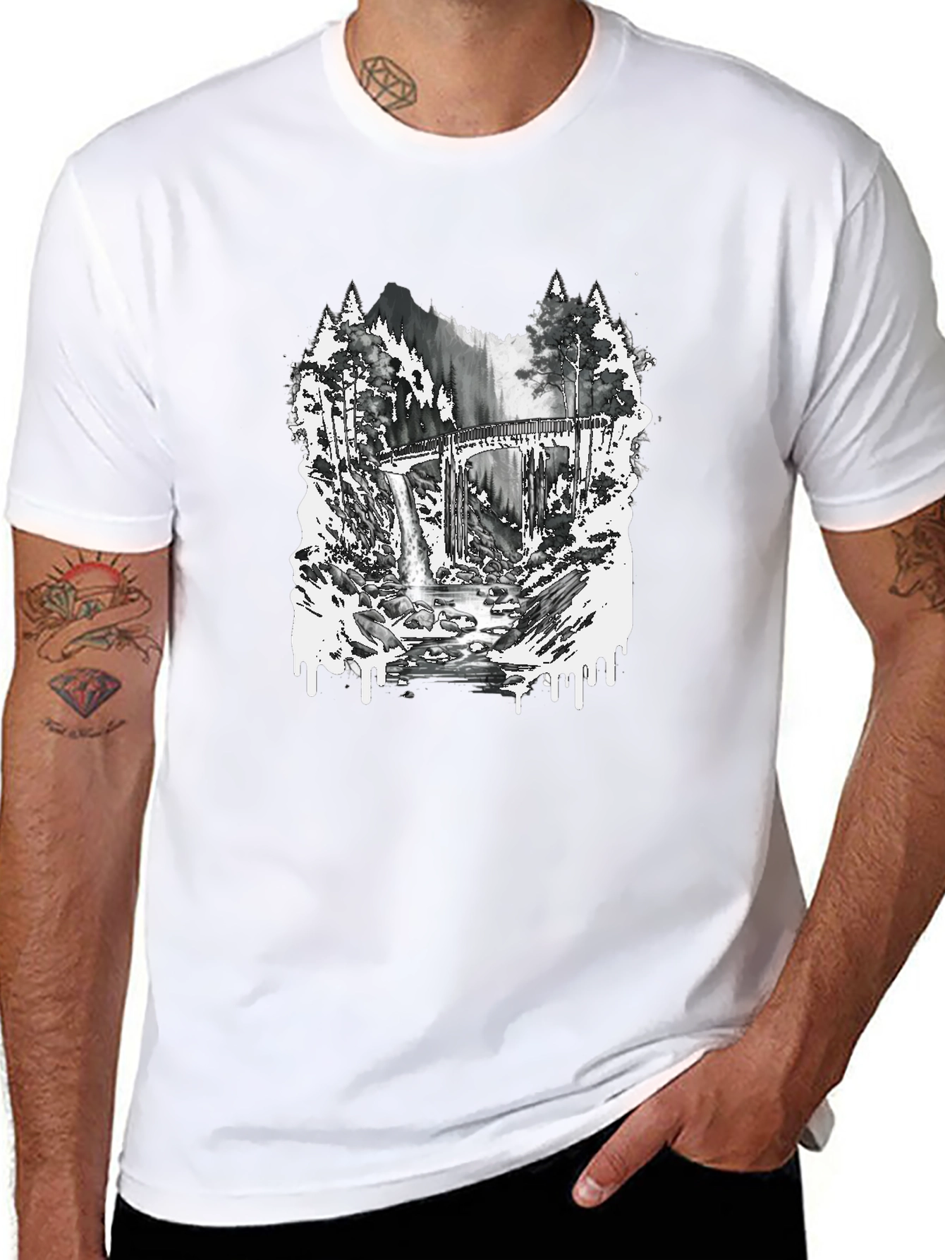 Nature Scene Graphic Tee - Bridge and Waterfall