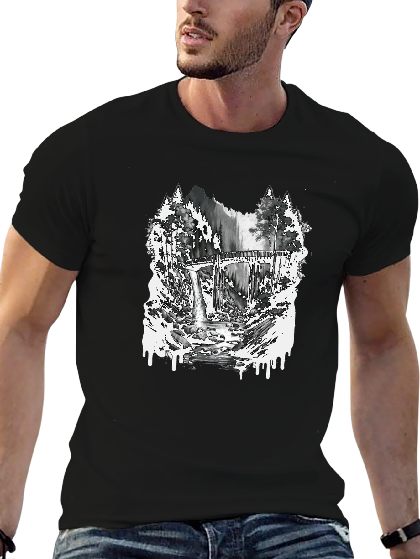 Nature Scene Graphic Tee - Bridge and Waterfall