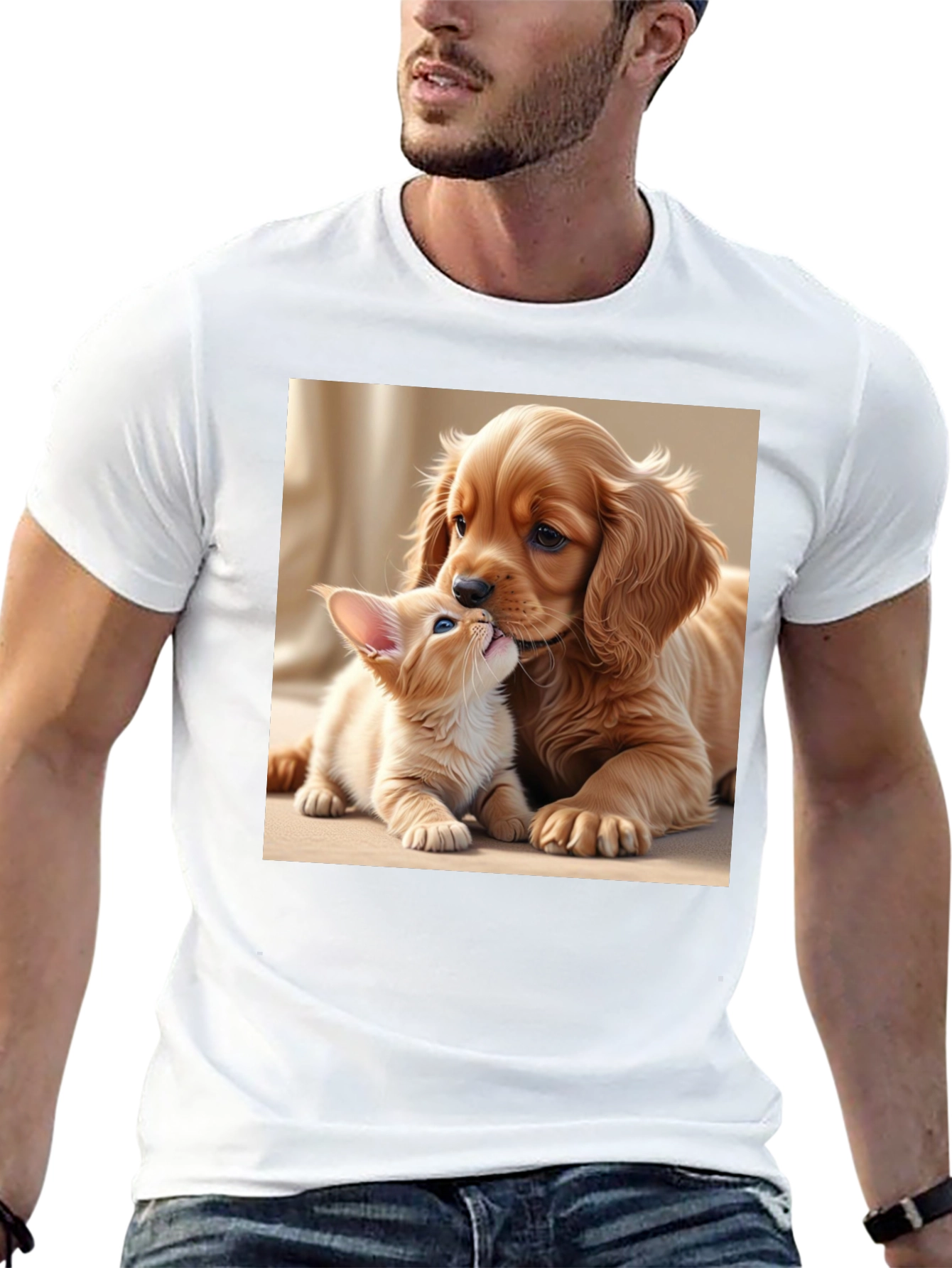 Cute Puppy and Kitten Black T-Shirt