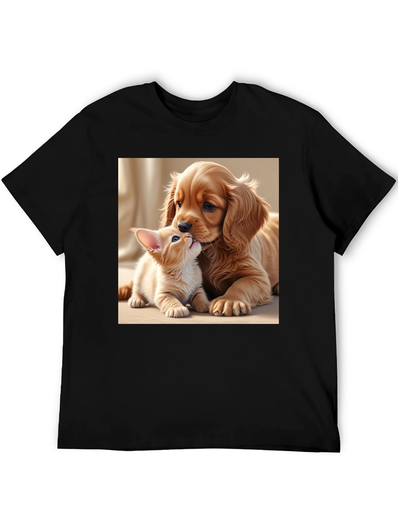 Cute Puppy and Kitten Black T-Shirt