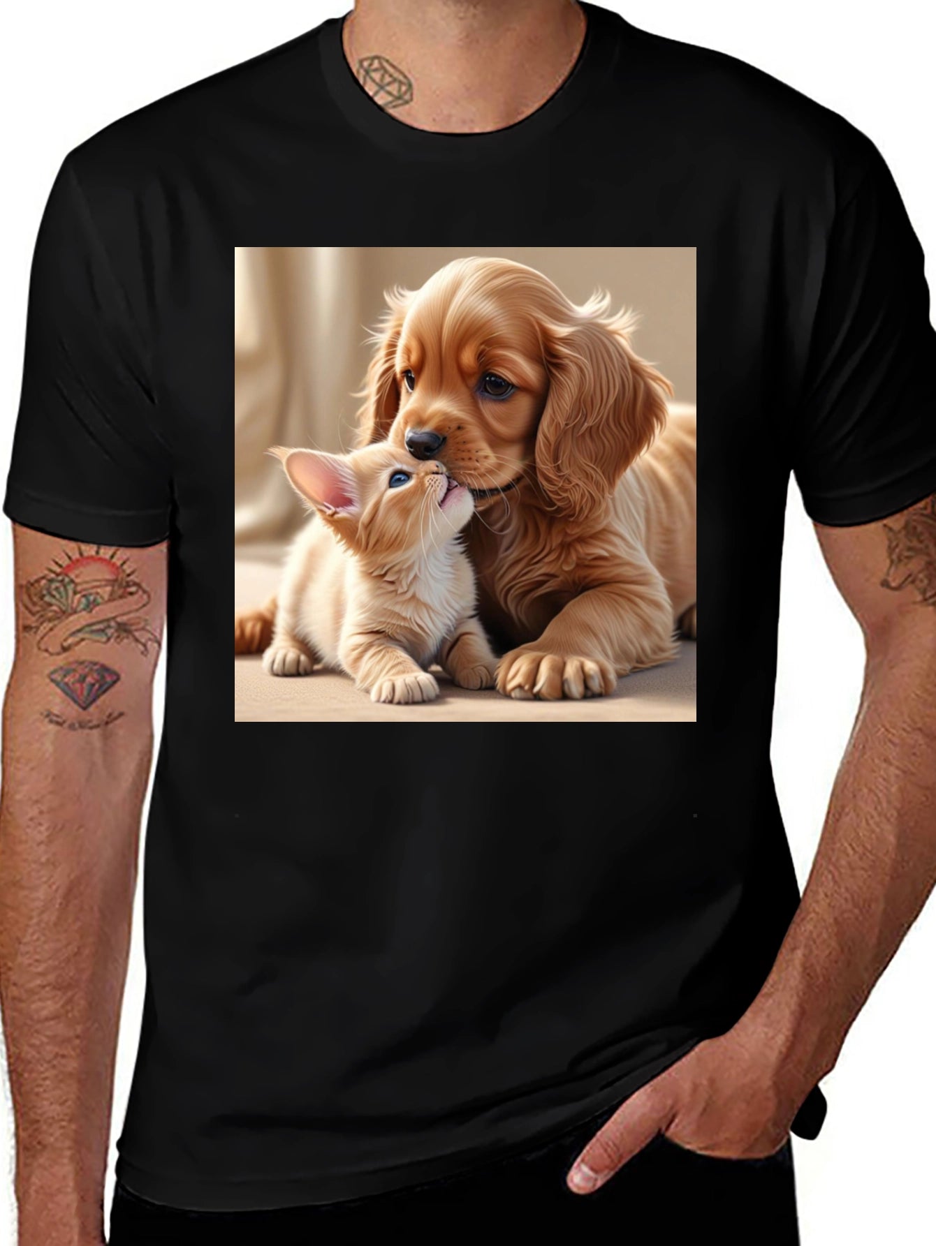 Cute Puppy and Kitten Black T-Shirt