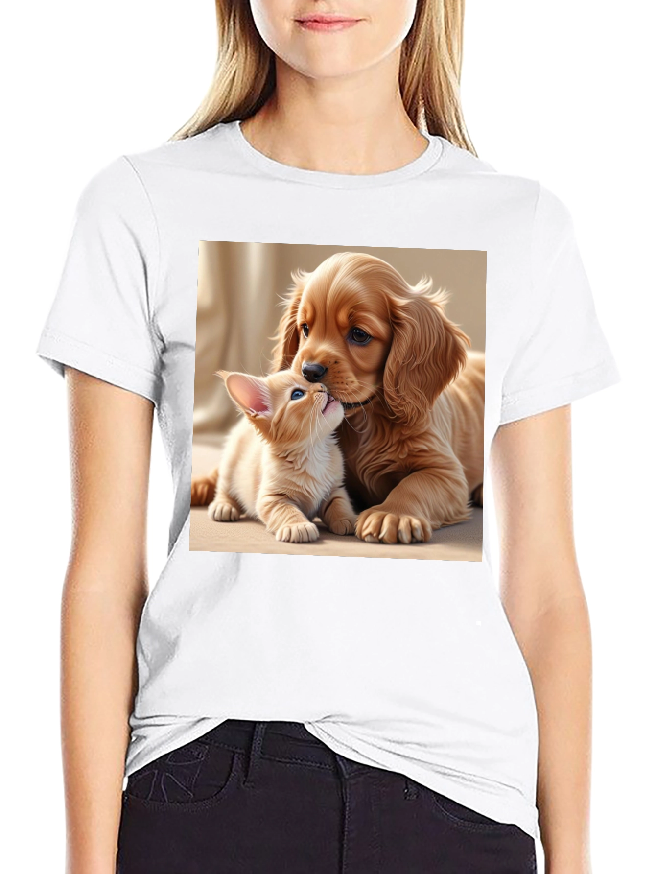 Cute Puppy and Kitten Black T-Shirt