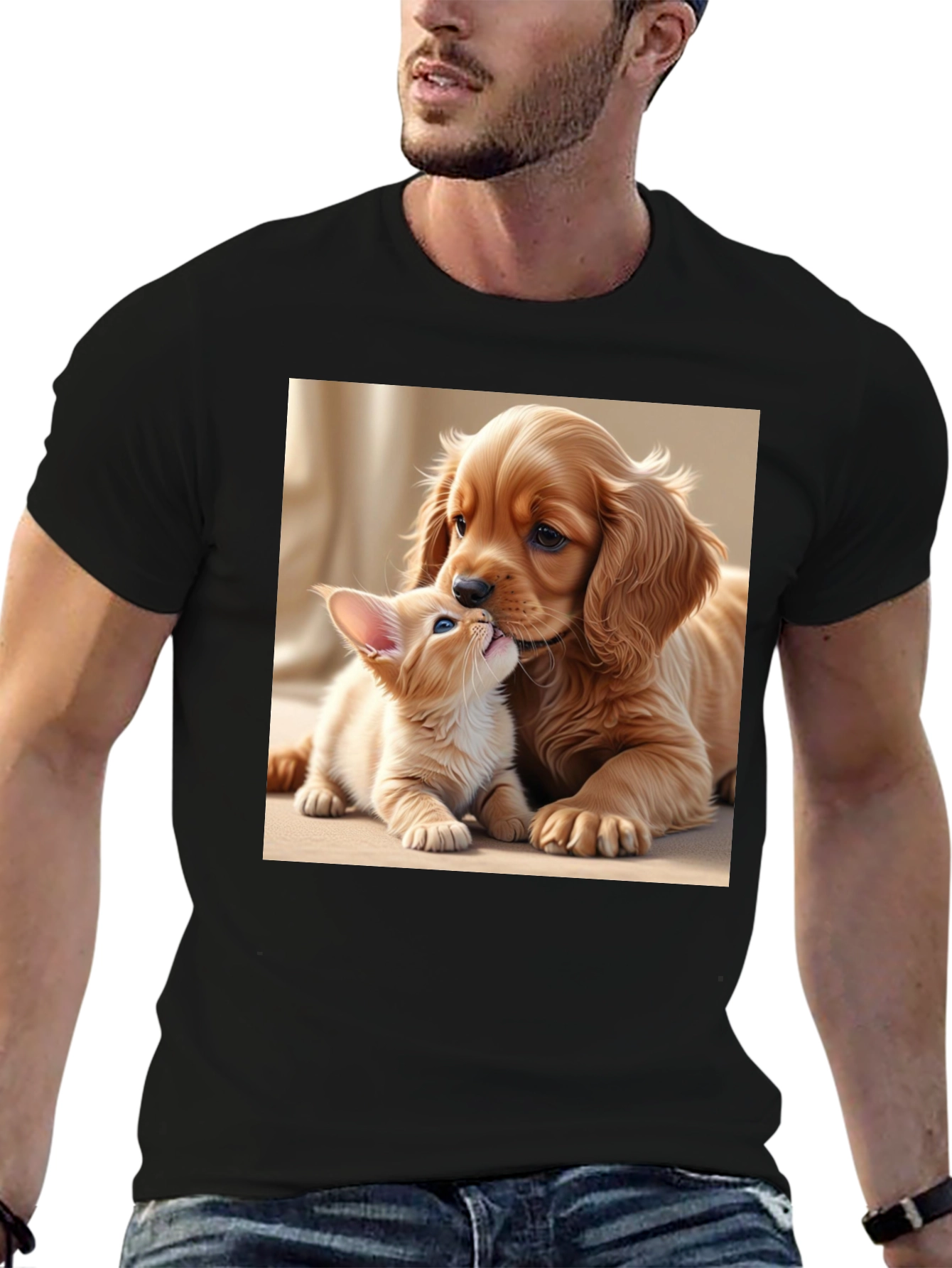 Cute Puppy and Kitten Black T-Shirt