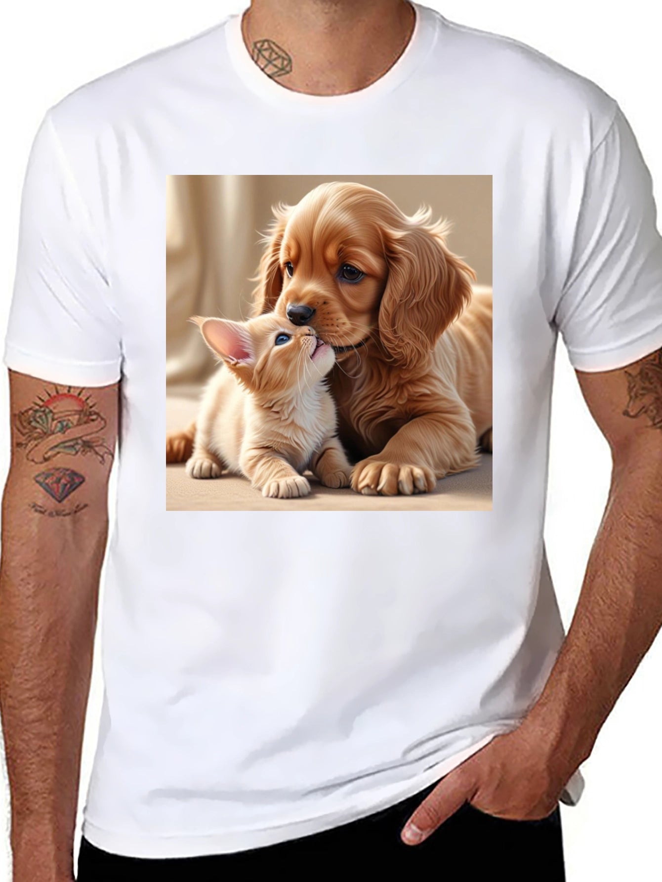 Cute Puppy and Kitten Black T-Shirt