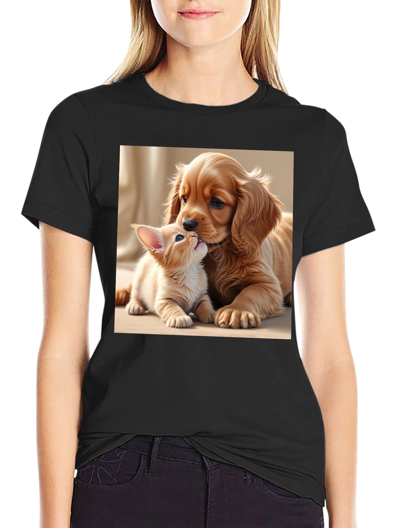 Cute Puppy and Kitten Black T-Shirt