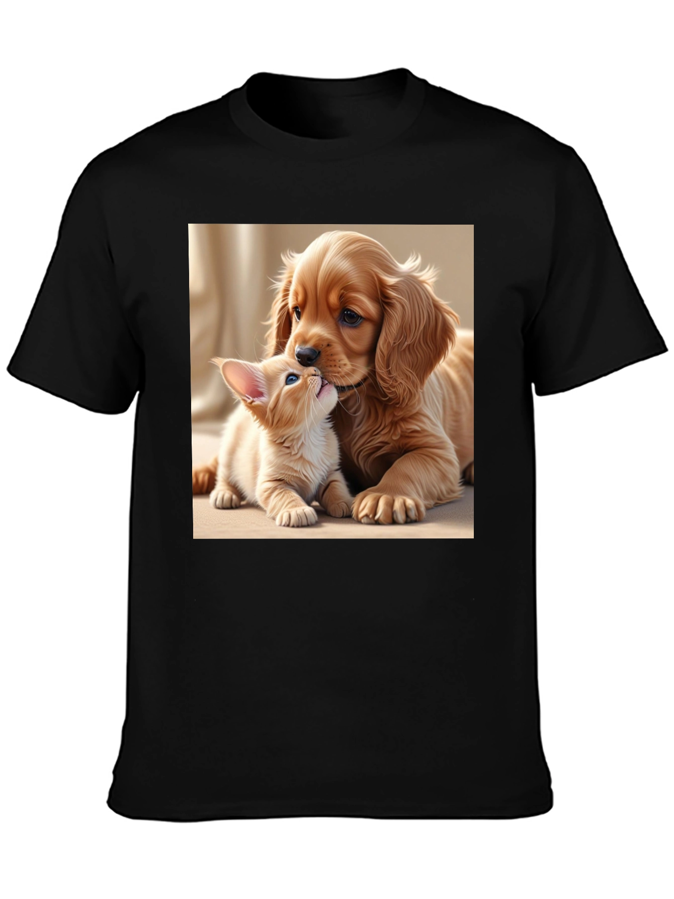 Cute Puppy and Kitten Black T-Shirt