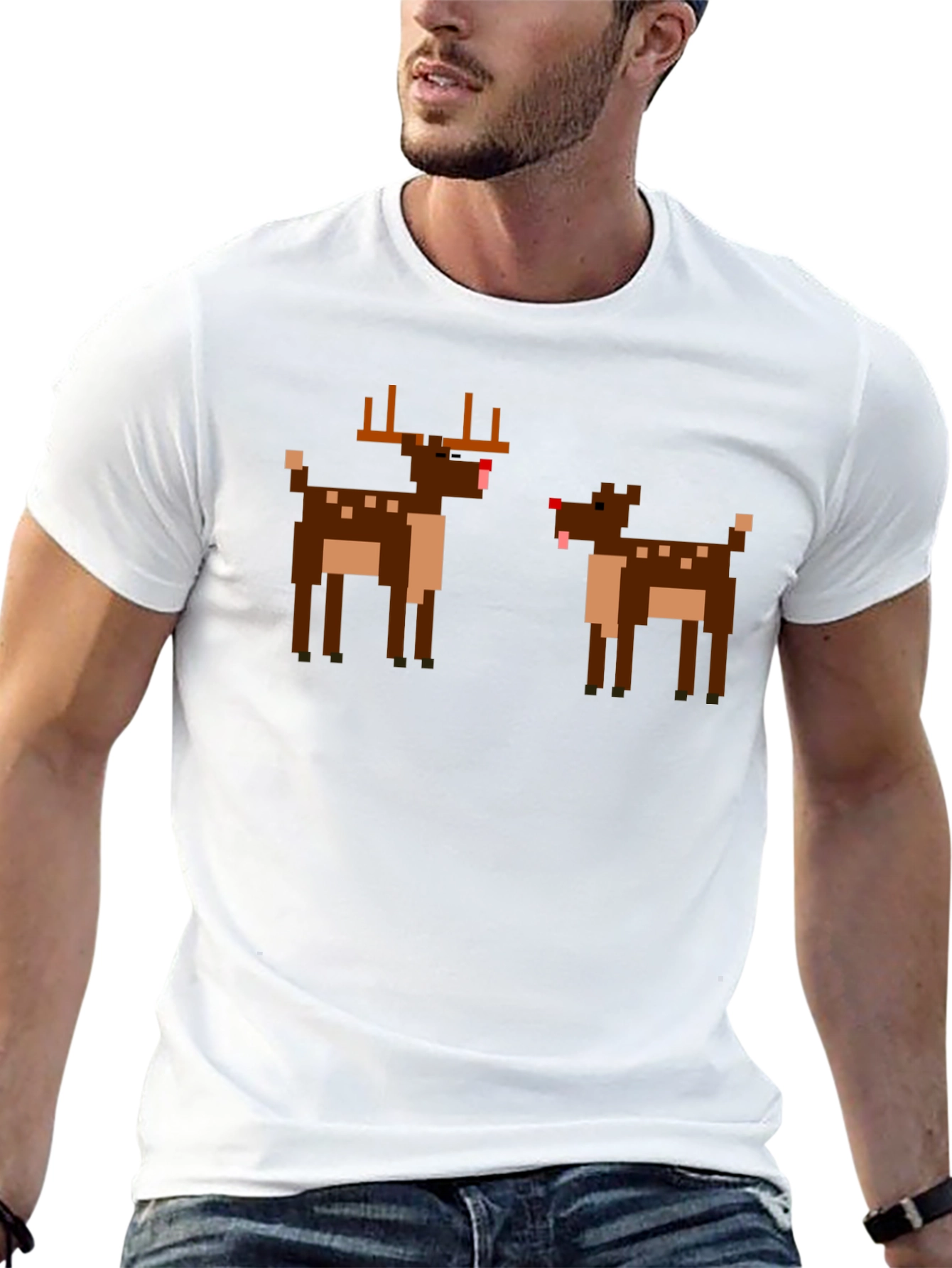 Pixel Reindeer Graphic Tee - Black Crew Neck T-Shirt