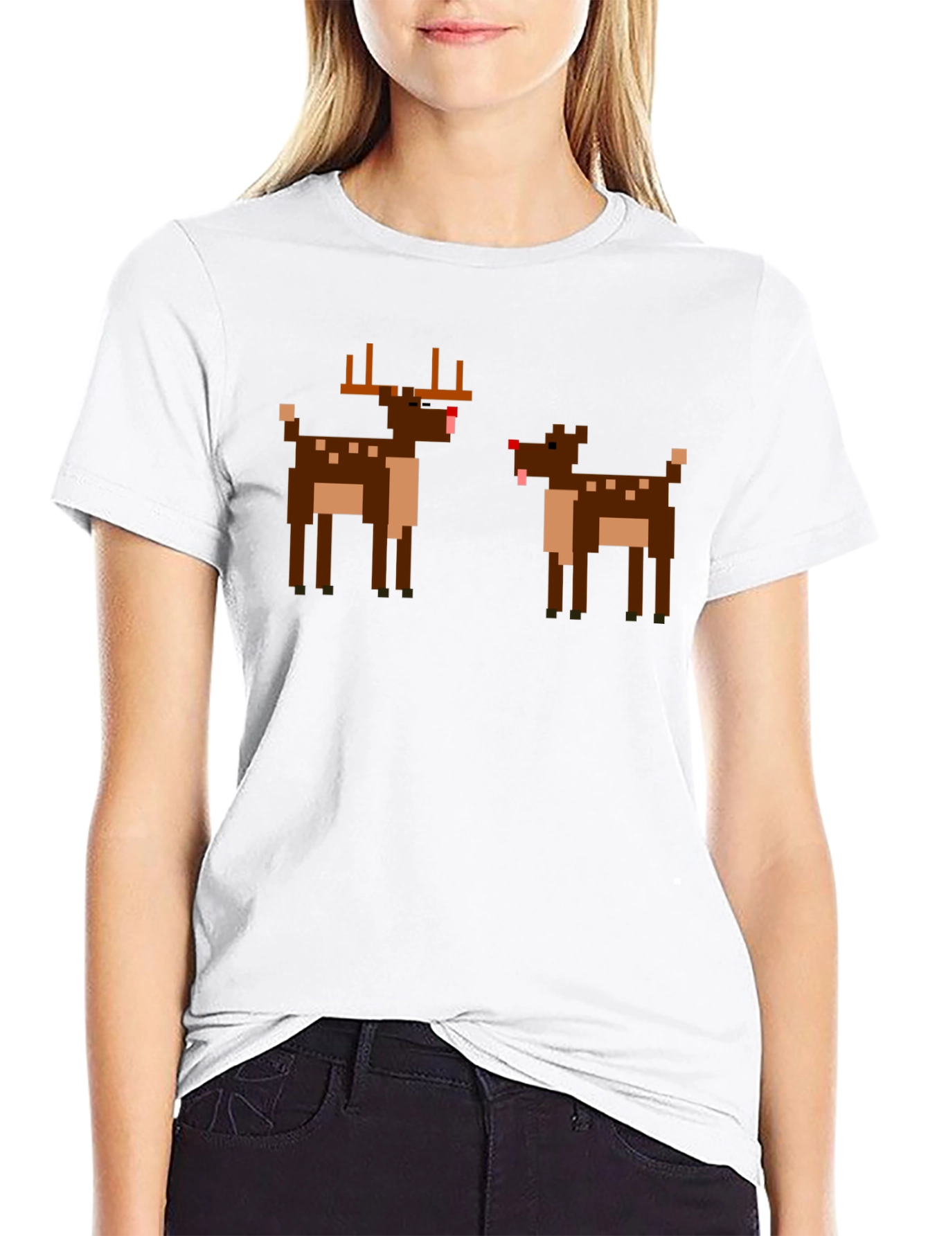 Pixel Reindeer Graphic Tee - Black Crew Neck T-Shirt