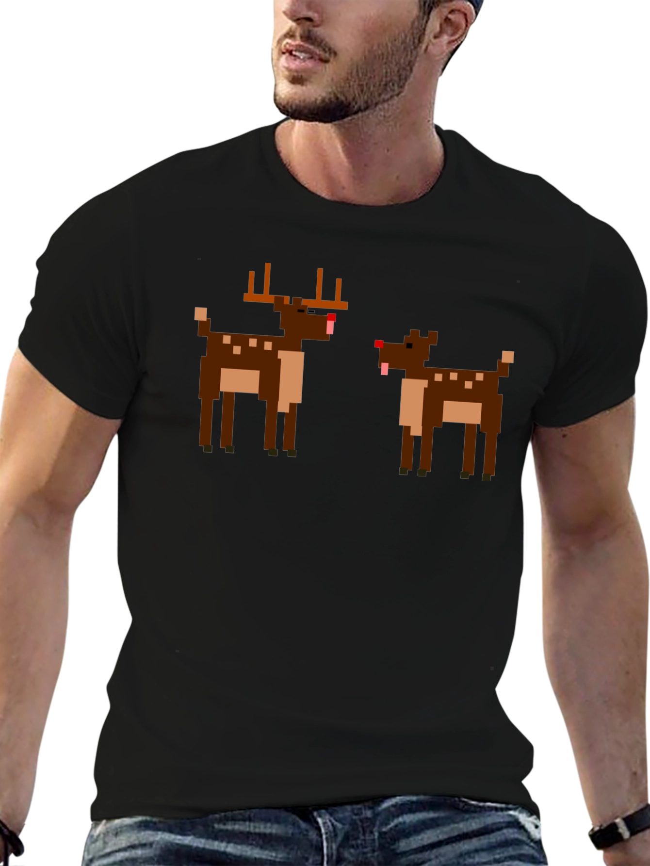 Pixel Reindeer Graphic Tee - Black Crew Neck T-Shirt