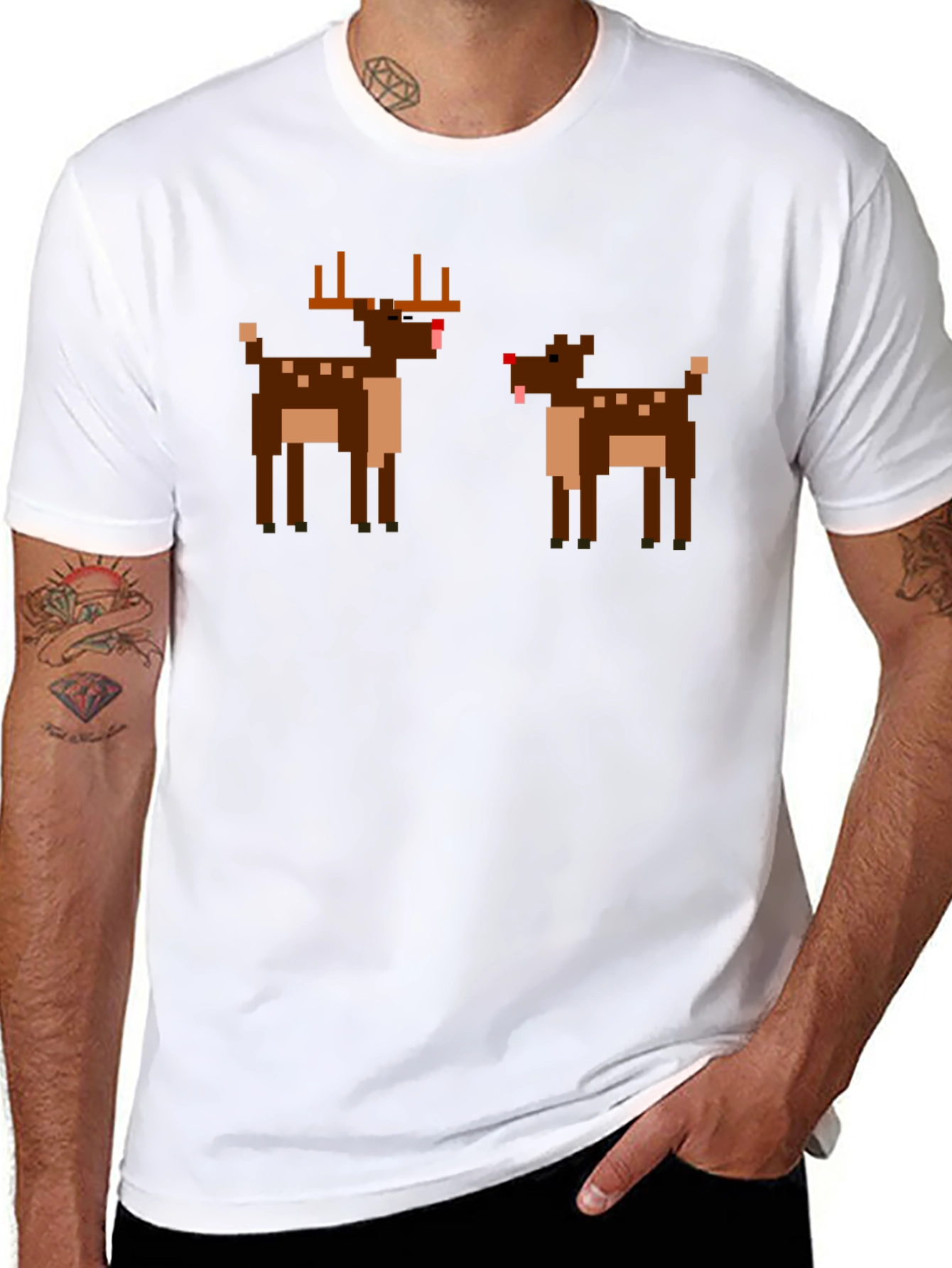 Pixel Reindeer Graphic Tee - Black Crew Neck T-Shirt
