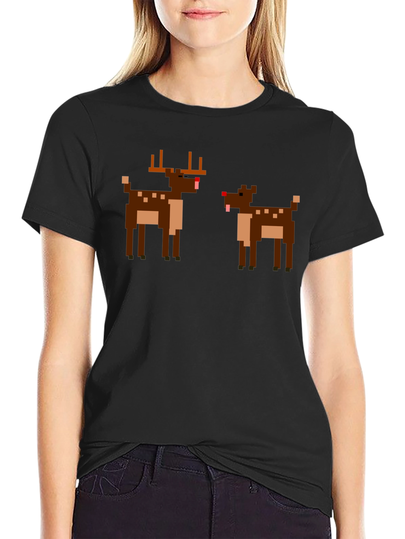 Pixel Reindeer Graphic Tee - Black Crew Neck T-Shirt
