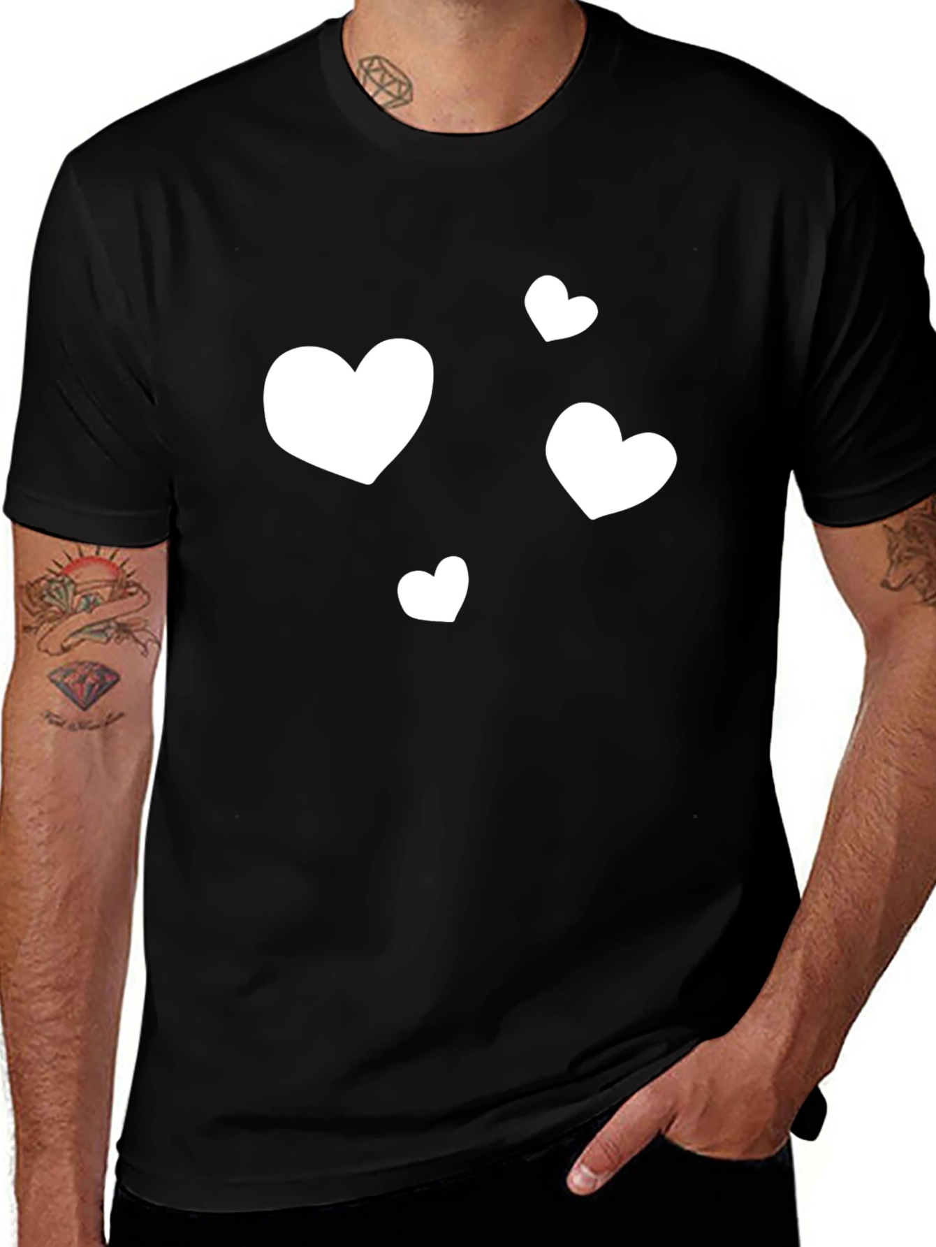 Heart Print Black Crew Neck T-Shirt