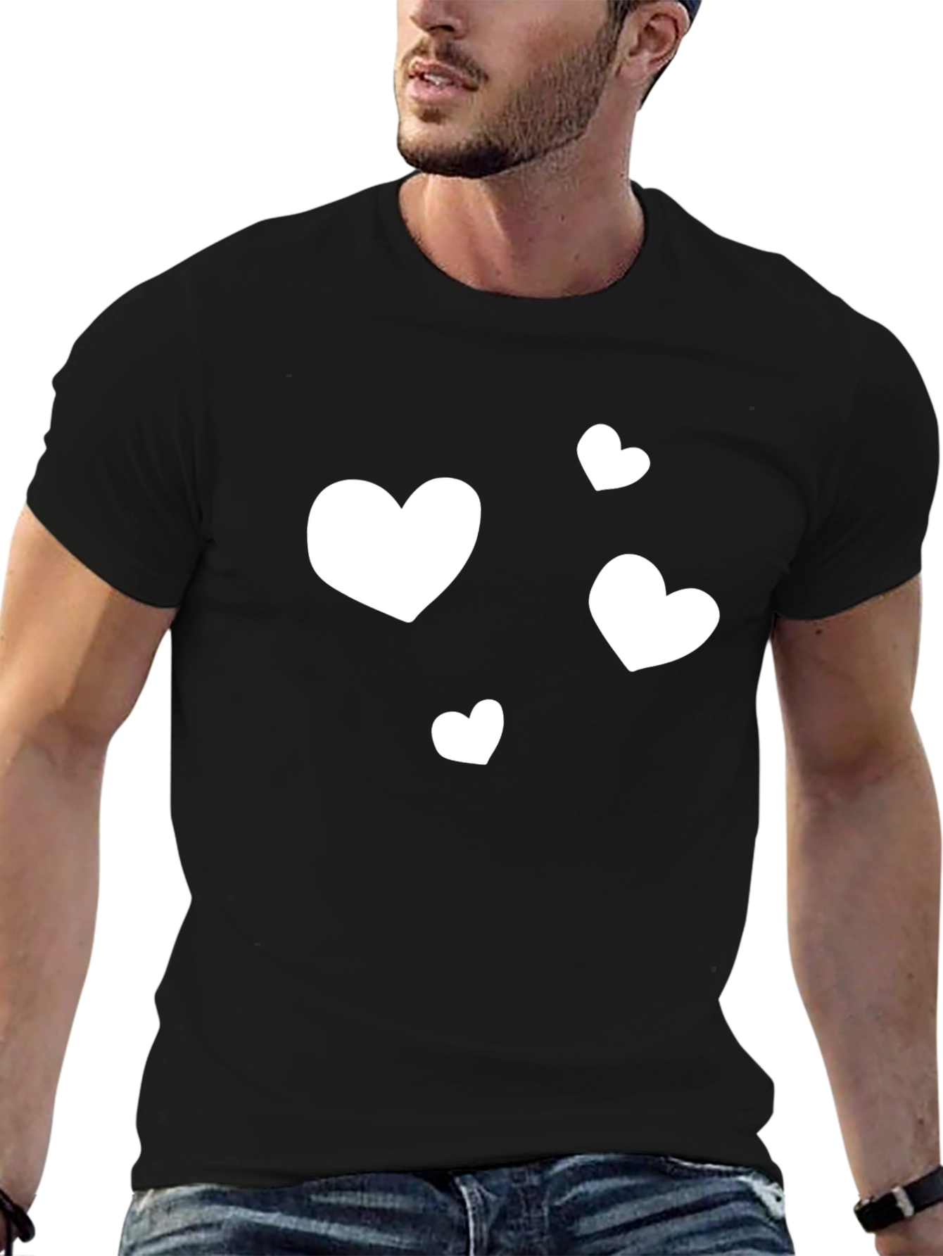 Heart Print Black Crew Neck T-Shirt