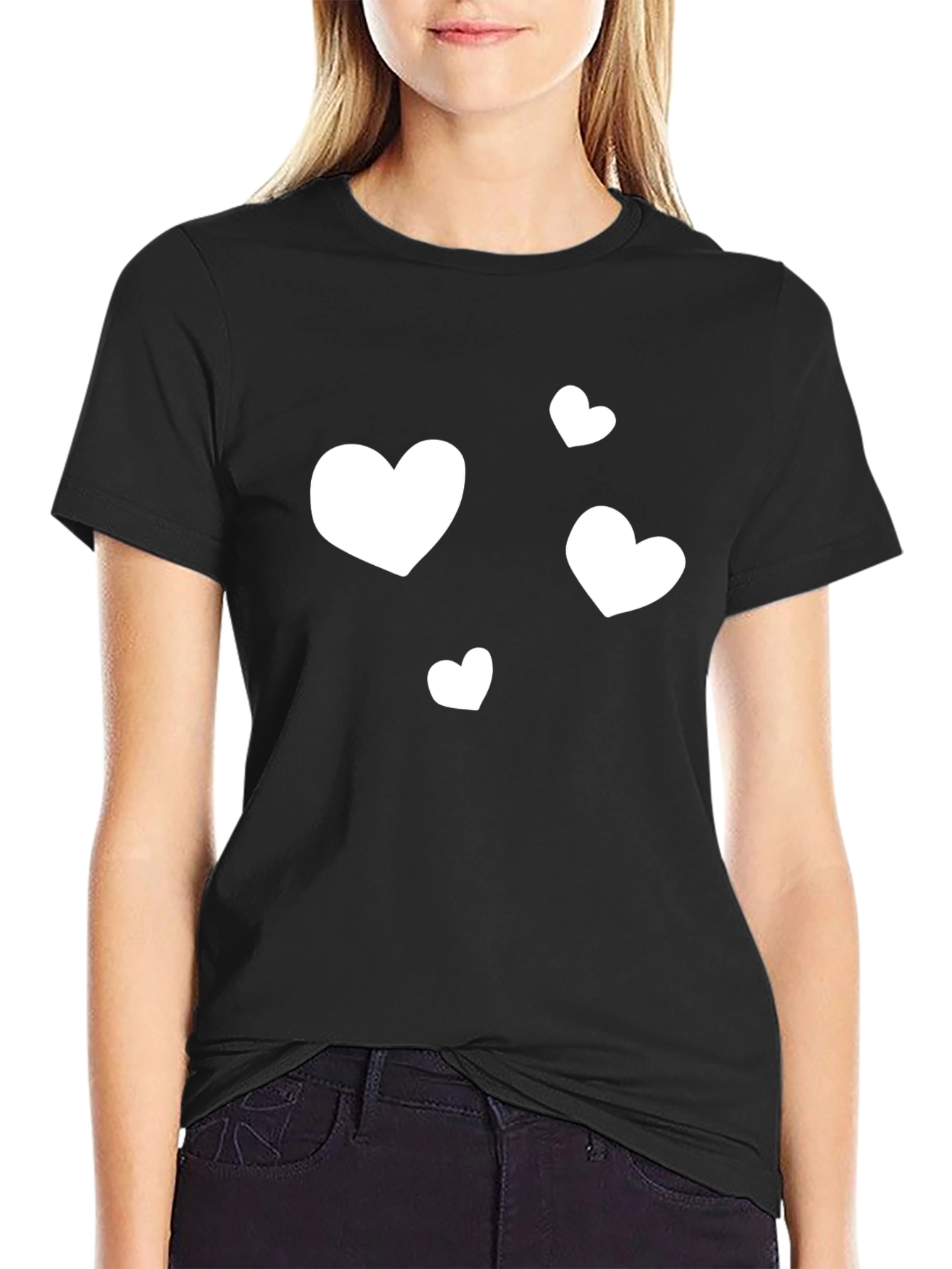 Heart Print Black Crew Neck T-Shirt