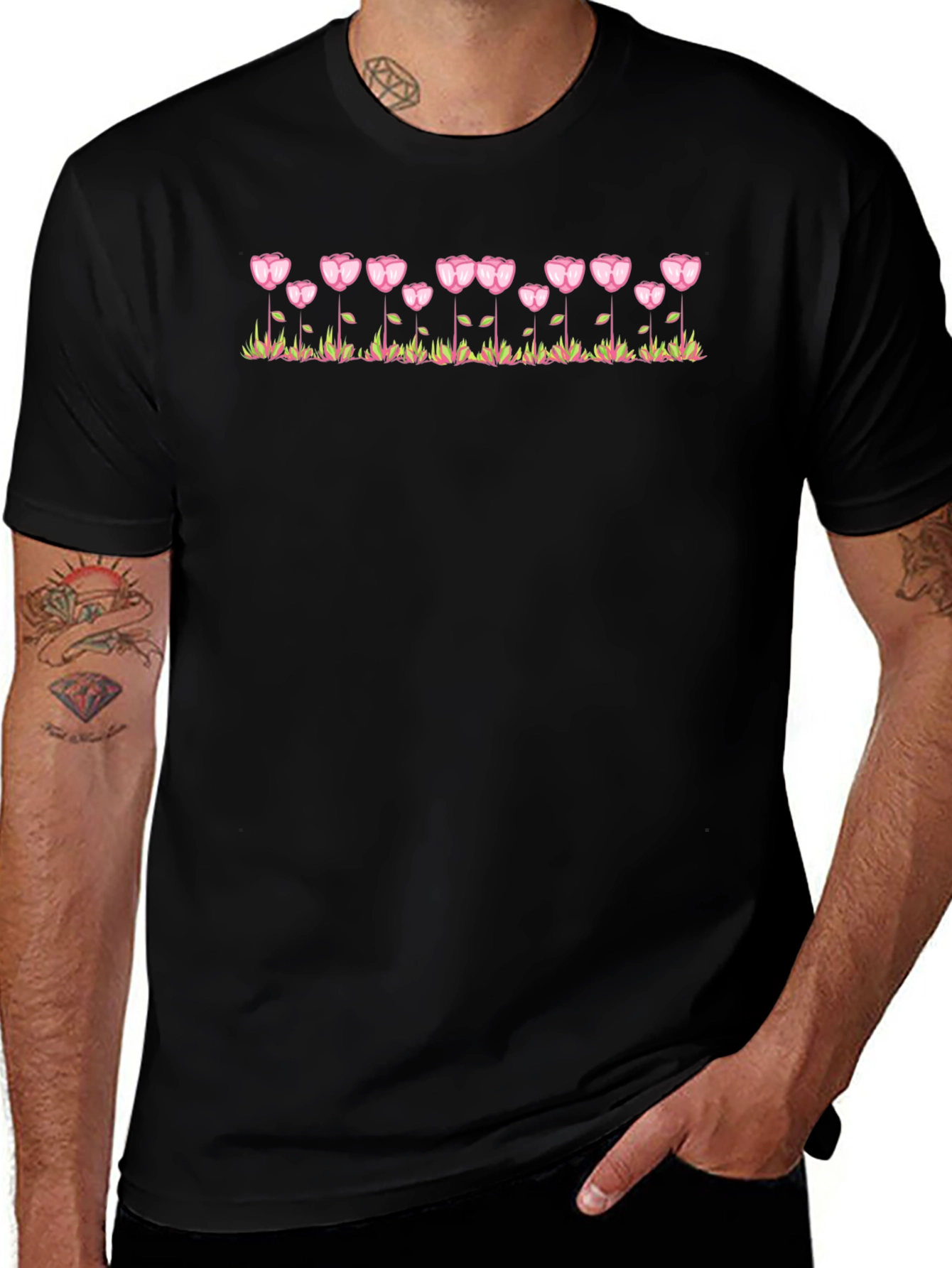Floral Tulip Design Black T-Shirt