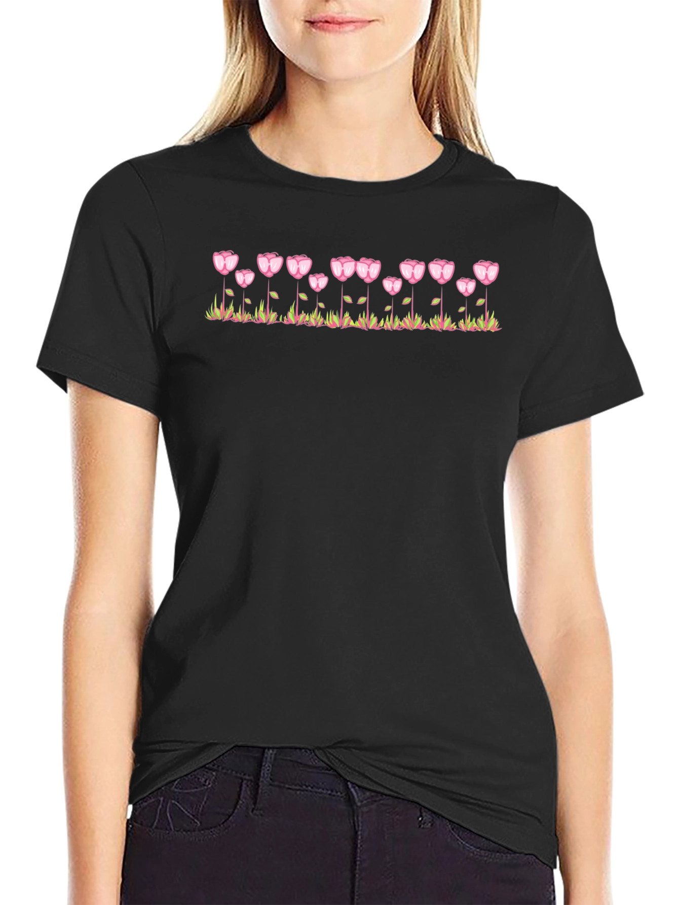 Floral Tulip Design Black T-Shirt