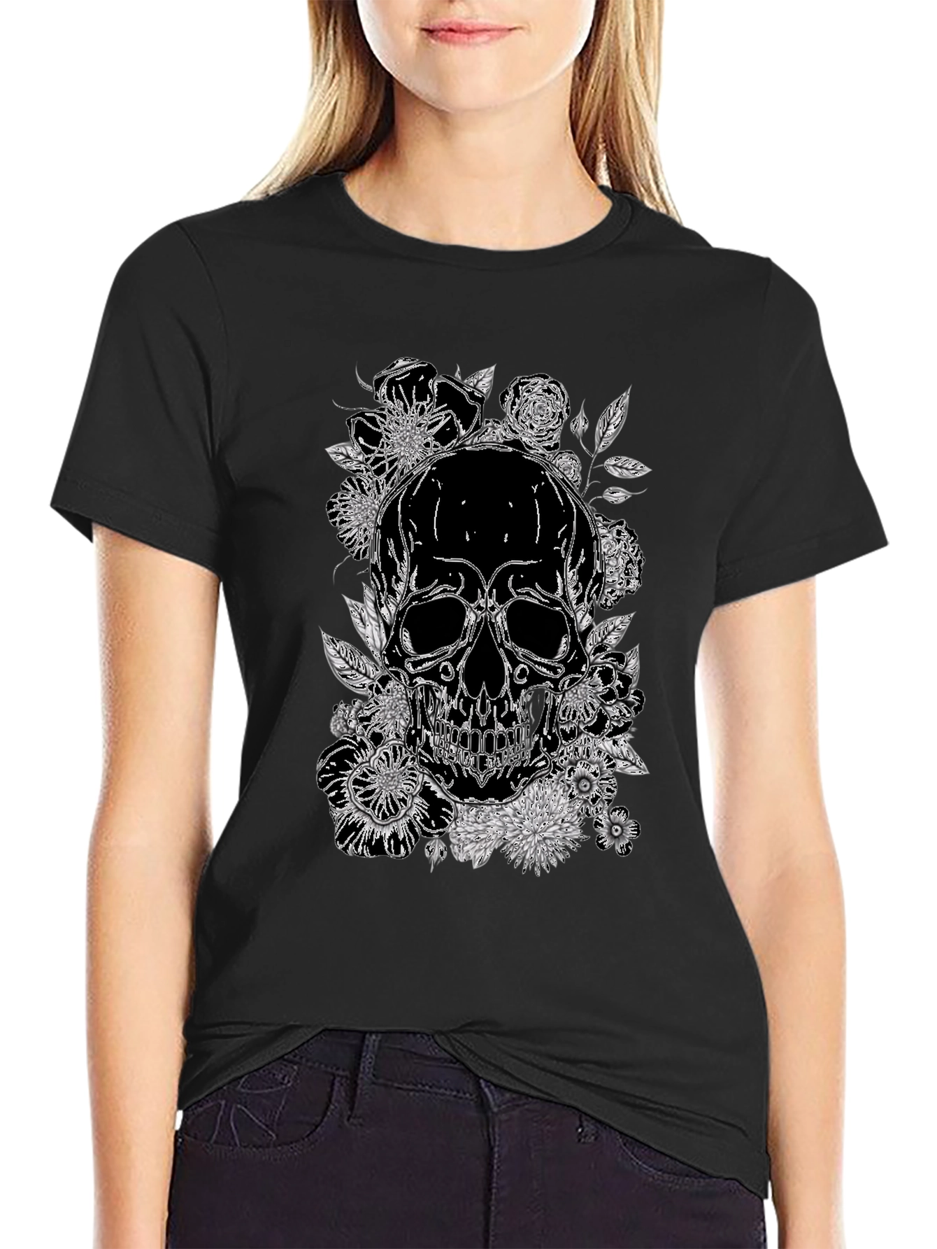 Skull & Floral Print Graphic Tee - Black