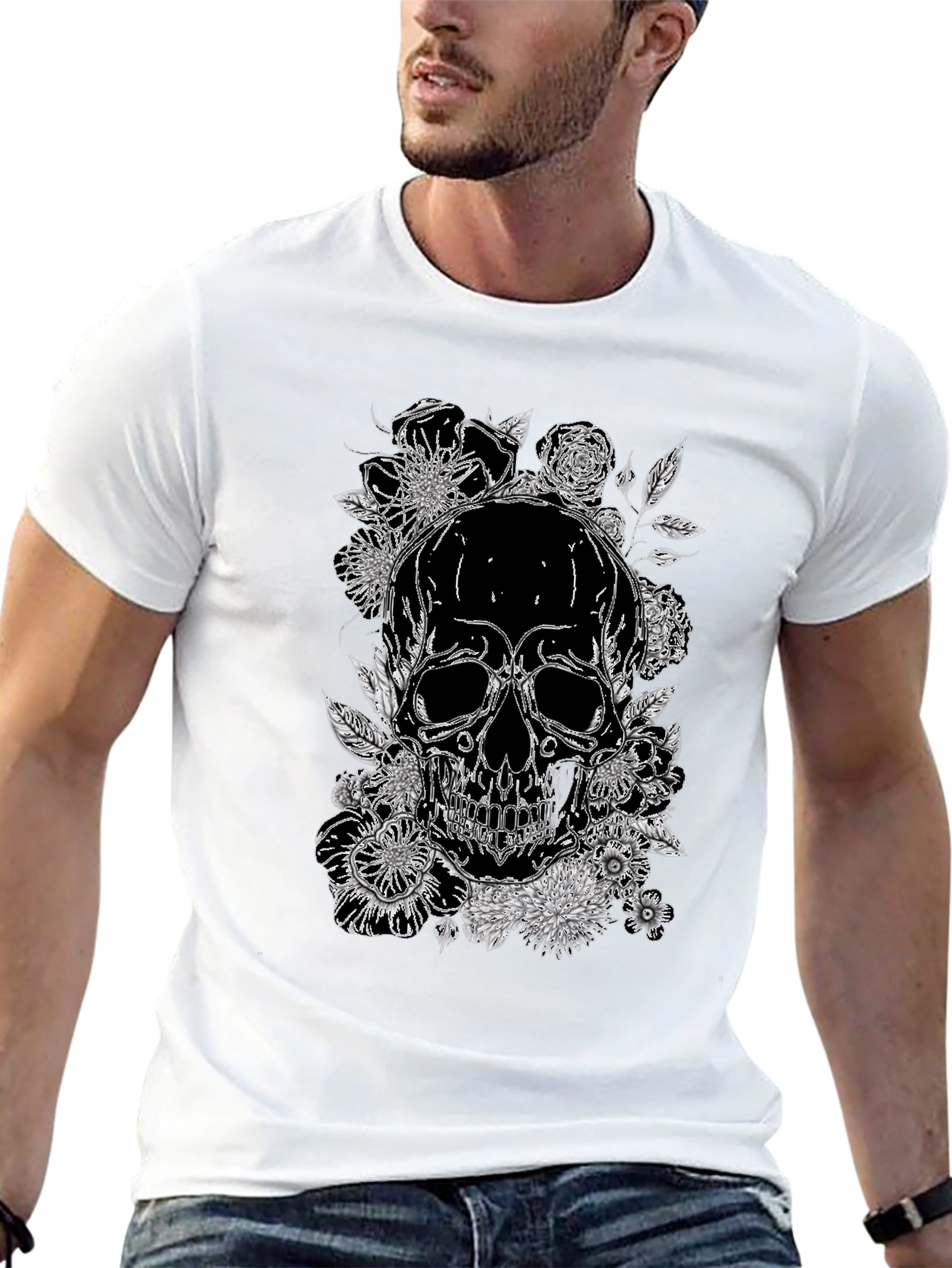 Skull & Floral Print Graphic Tee - Black