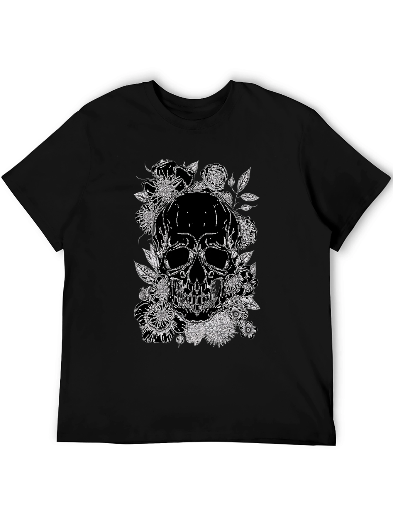 Skull & Floral Print Graphic Tee - Black