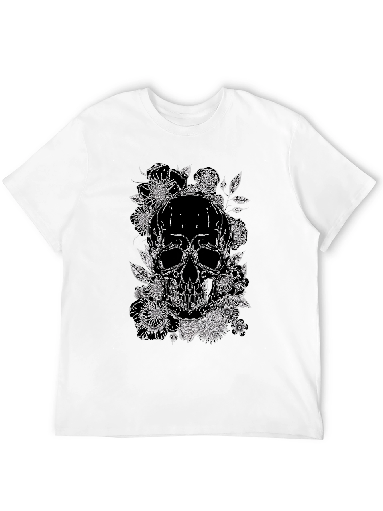 Skull & Floral Print Graphic Tee - Black