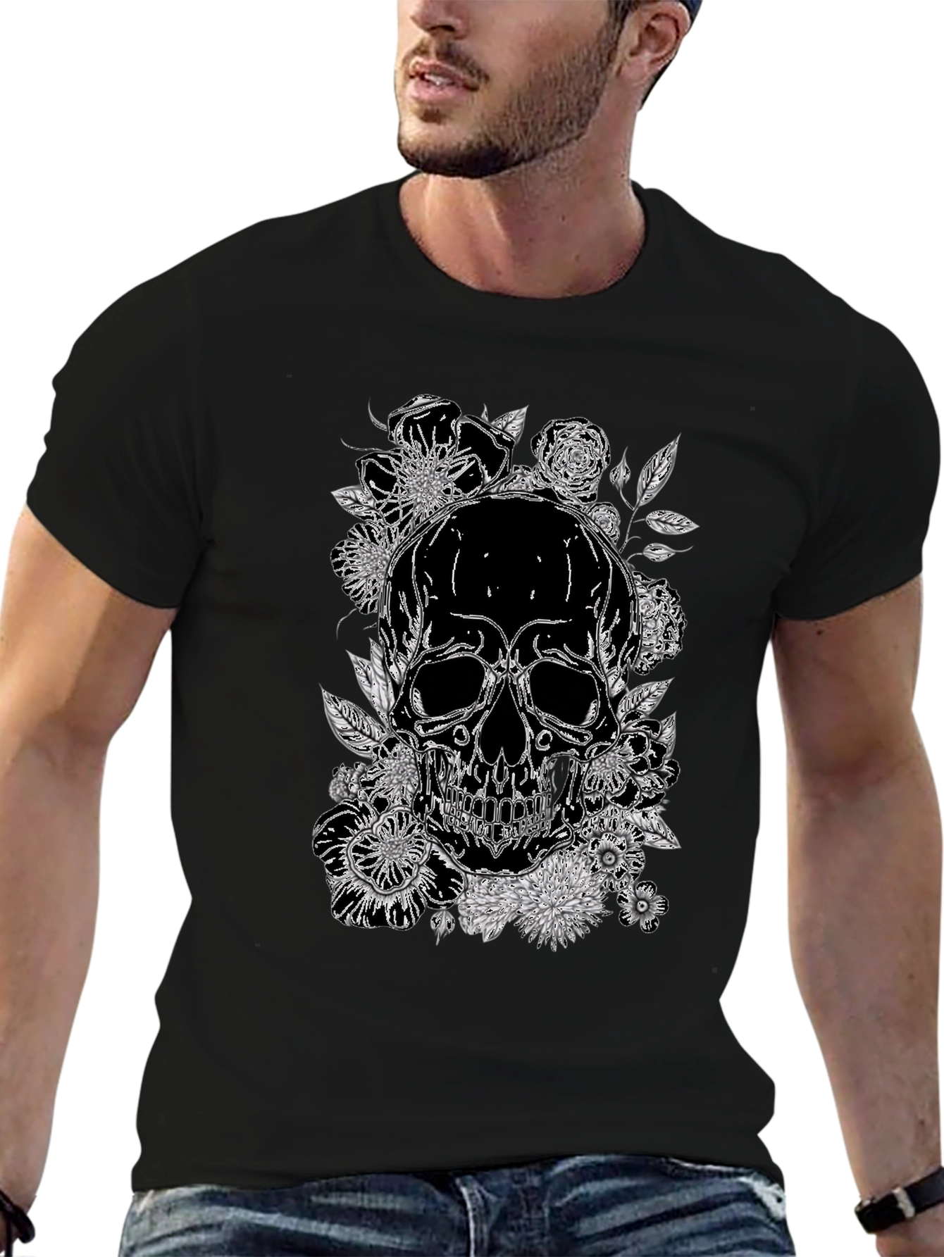 Skull & Floral Print Graphic Tee - Black