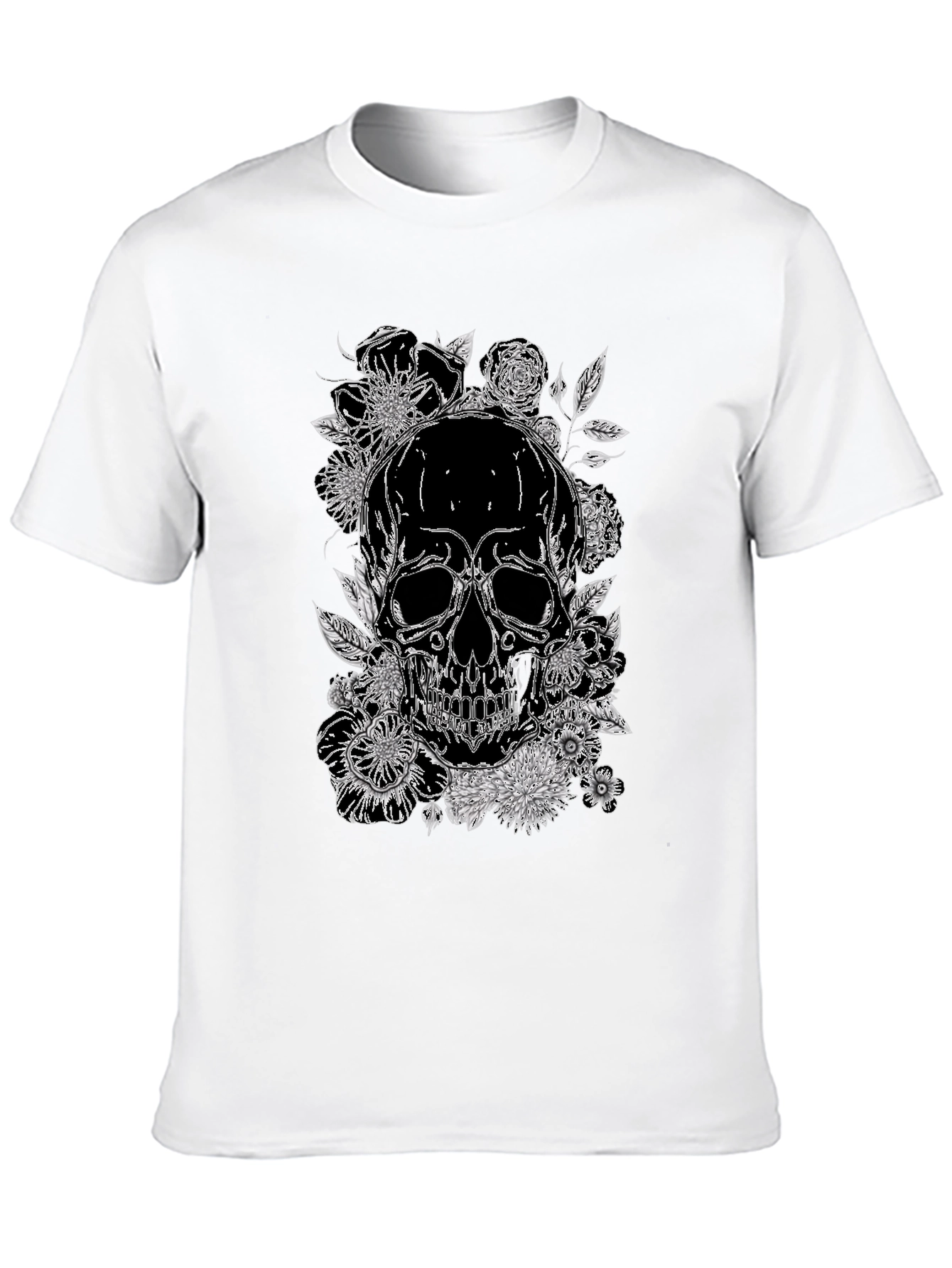 Skull & Floral Print Graphic Tee - Black