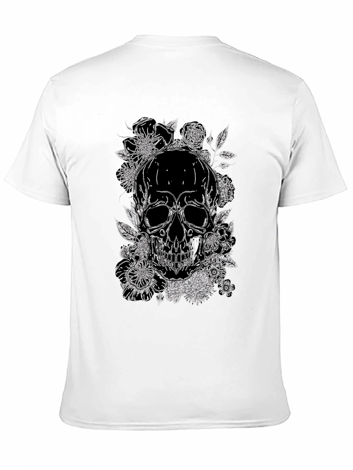 Skull & Floral Print Graphic Tee - Black