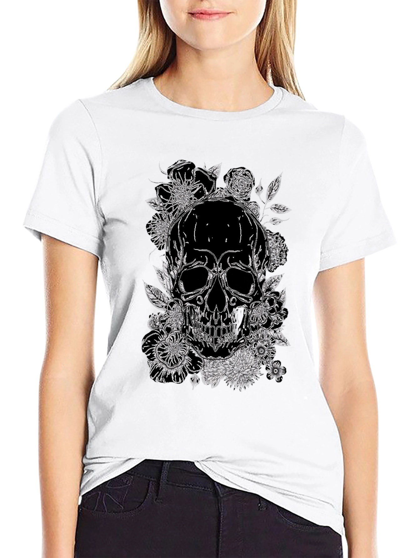 Skull & Floral Print Graphic Tee - Black
